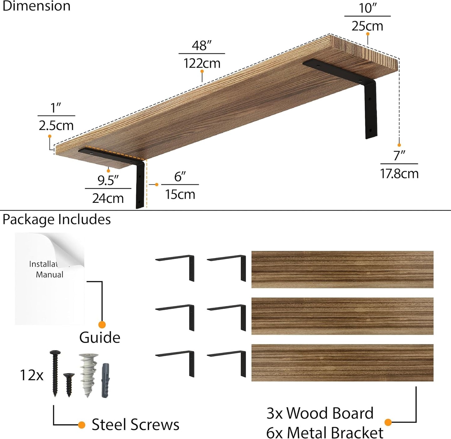 48'x10' Rustic Wall Mounted Floating Shelves for Wall Decor