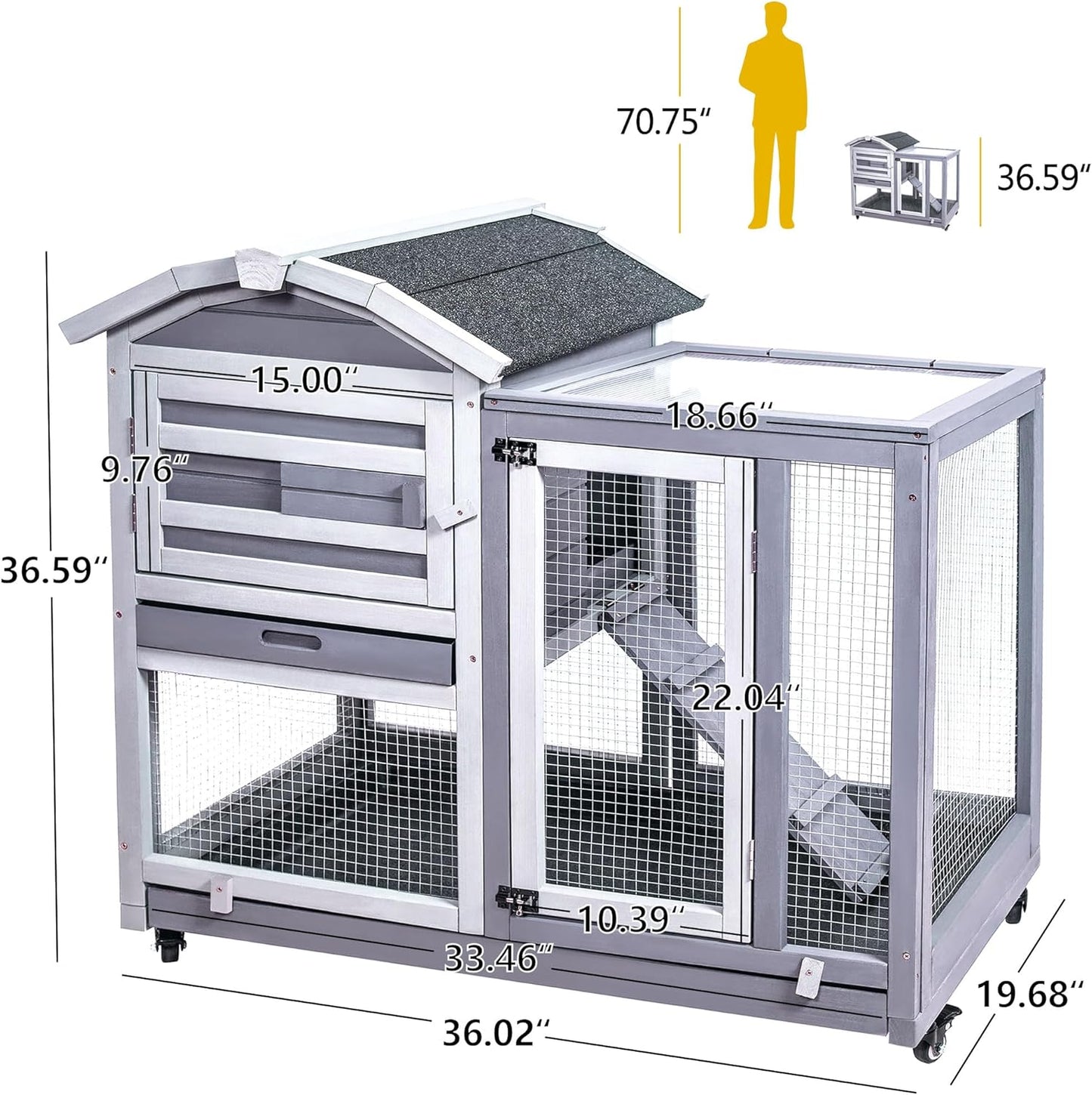 Indoor/Outdoor, Wooden Rabbit Hutch/Cage with Wheels,  Ramp and Removable Tray