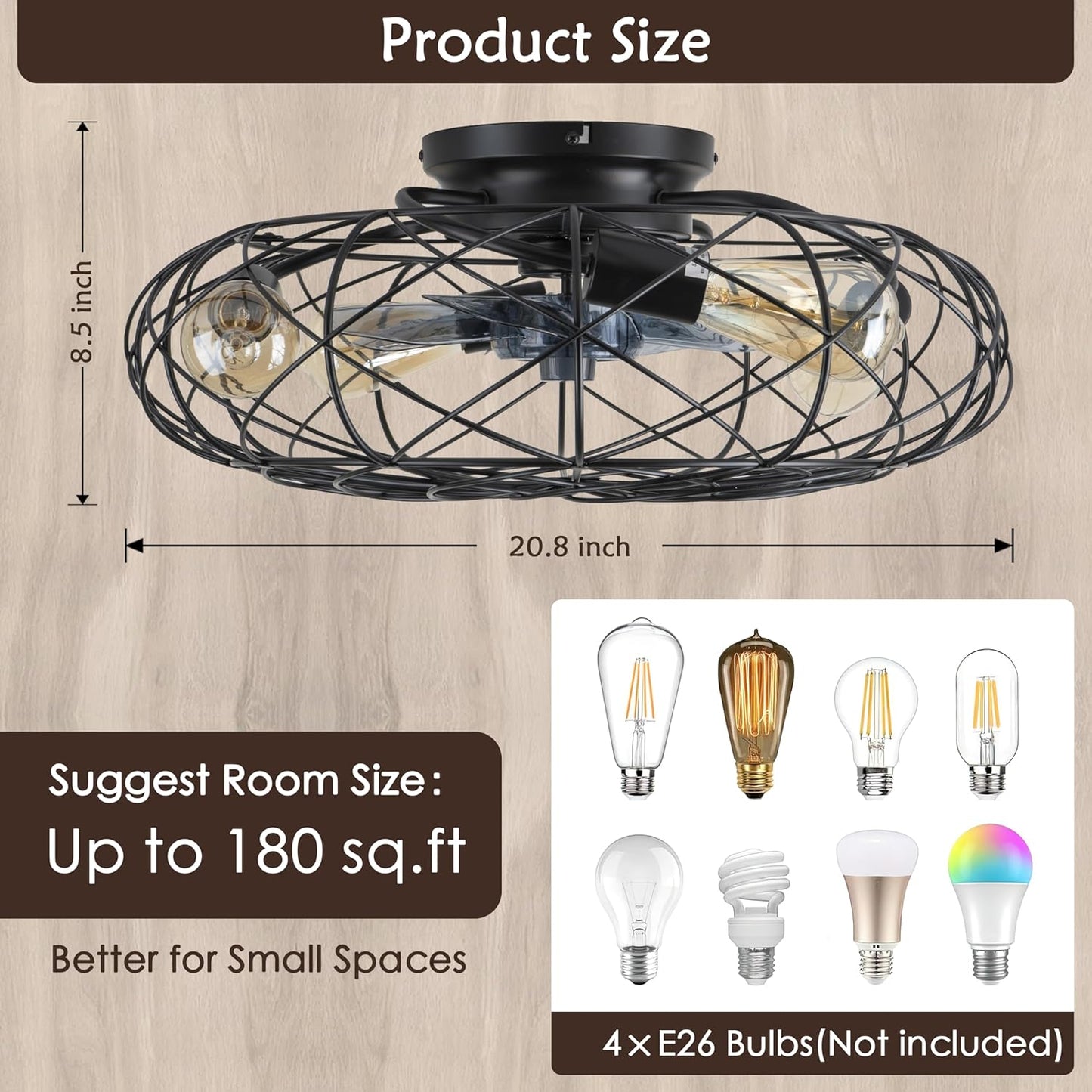 Farmhouse Caged Ceiling Fan with Lights - 20.8 Industrial LED Fans Light Dimmable - Rustic Small Black Flush Mount Fan Lighting Indoor Reversible