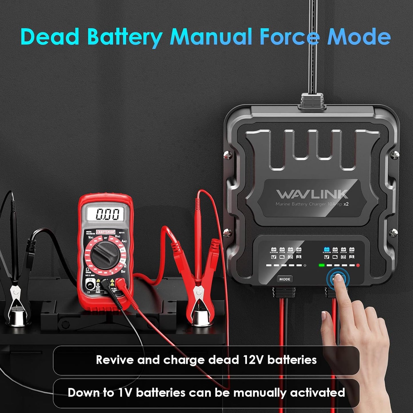 Wavlink 2 Bank 20A Marine Battery Charger 12V IP68 Onboard Battery Charger | 10A Per Bank, Multi-Stage Charging & Desulfating Repair, Multi-Protection, Fits SLA/AGM/LiFePO4/Calcium Batteries
