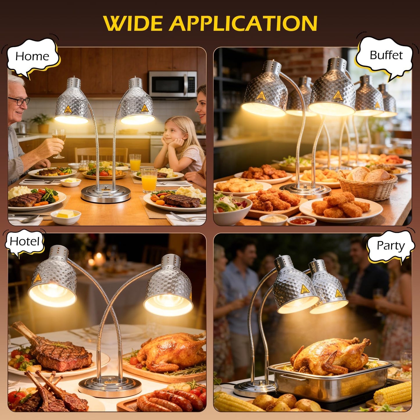 Dyna-Living Food Heat Lamp, 500W Dual-Head Commercial Food Warmer Lamp Portable Electric Heat Lamps for Food Adjustable Catering Warming Lights for Buffet Parties Restaurant Kitchen, Silver