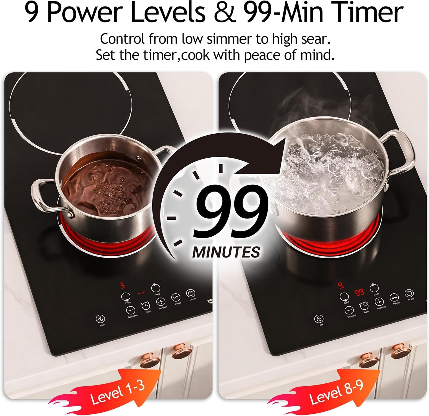 FIREGAS 12 Inch Electric Cooktop 2 Burners,220V-240V Hardwired Built-in Electric Stove Top with Matte Black Glass,3000W Sensor Touch Control,9 Power Levels,Timer & Child Lock for Apartments,ADUs