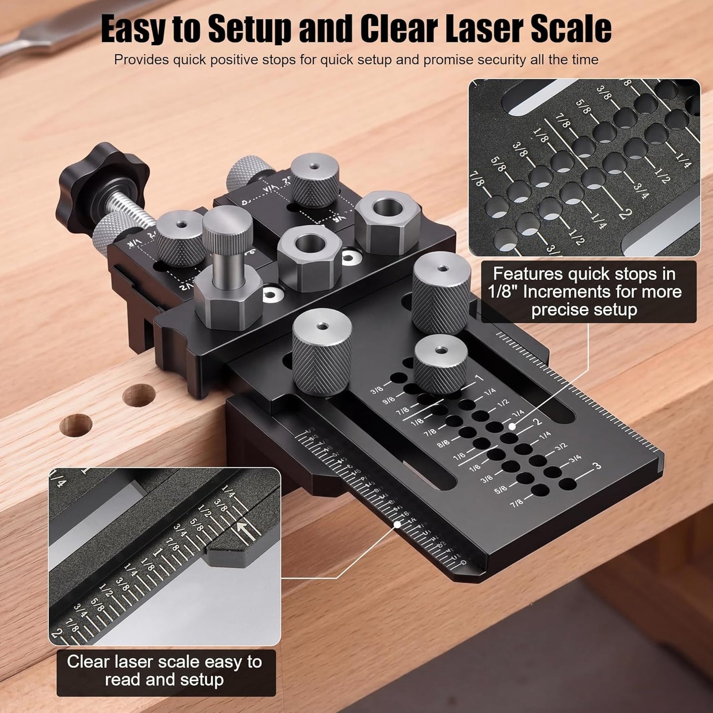 Dowel Jig Kit with Quick Positive Stop and Clamp, Precision Adjustable Doweling Jig for Drill 1/4, 3/8 and 1/2 Inch Accurate Straight Dowel Holes, fit Any Thickness Wood Joints, for Furniture, Cabinet Black
