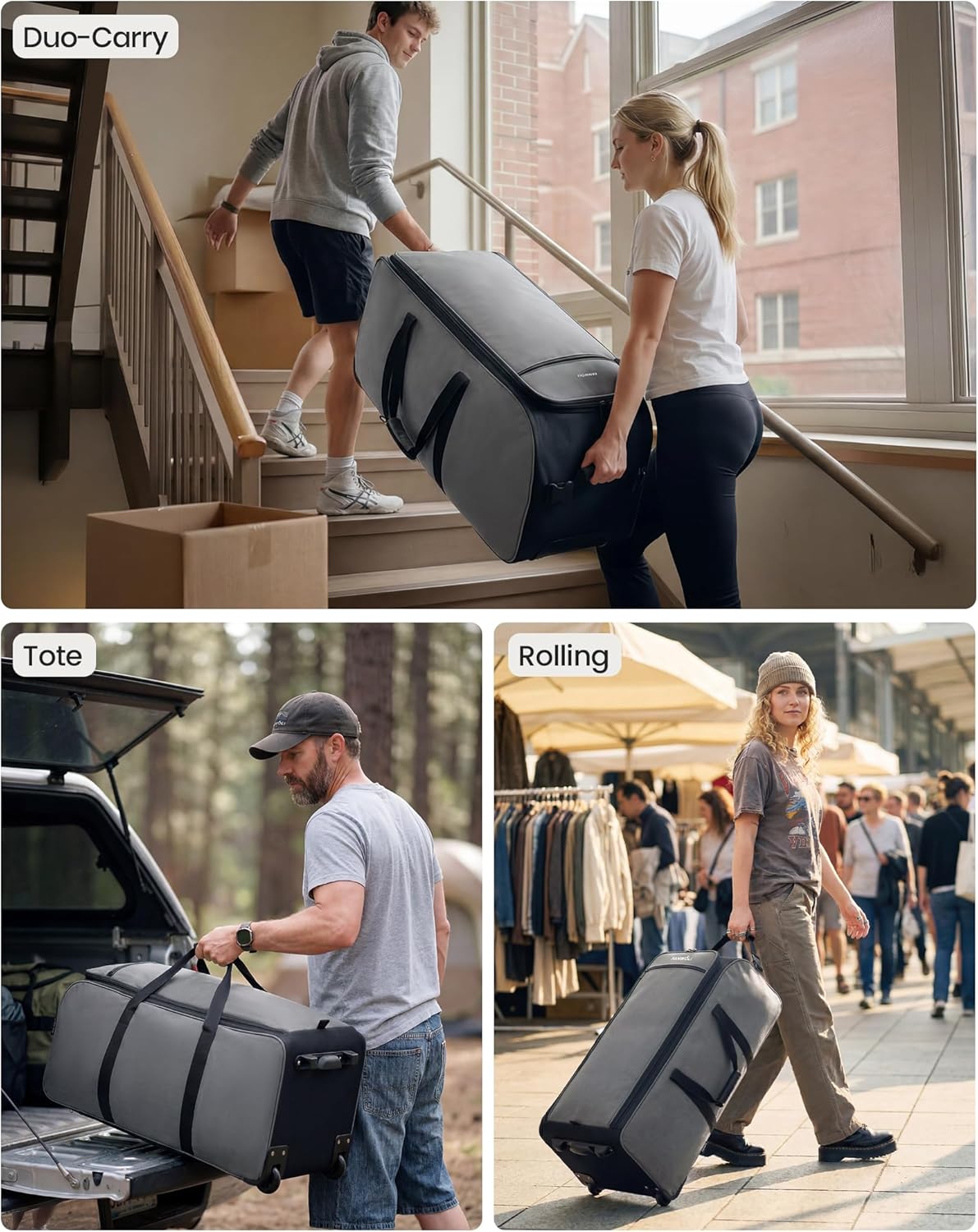 Rolling Duffel Bag with Wheels, 33" 120L Extra Large Durable Foldable Travel Duffle Luggage, Heavy Duty Collapsible Bag with Adjustable Handle & 8 Pockets for Travel Camping Moving Gray 120L