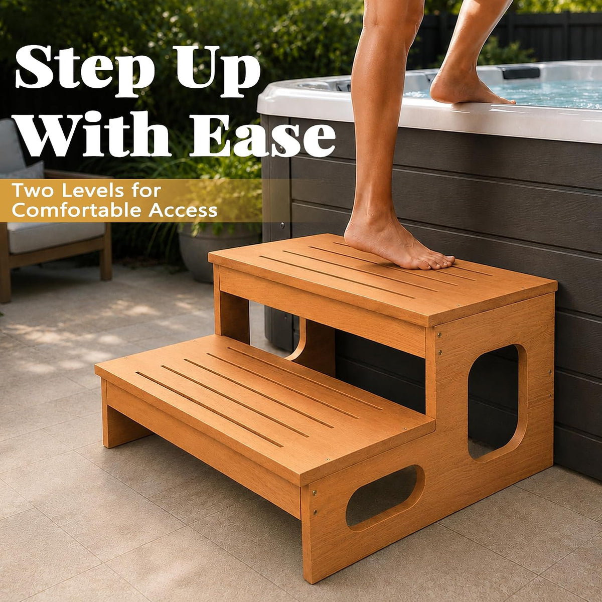 Wood Hot Tub Steps, Waterproof & Non-Slip Outdoor Spa, Pool Stairs Straight:24.7"x13.2" Oak