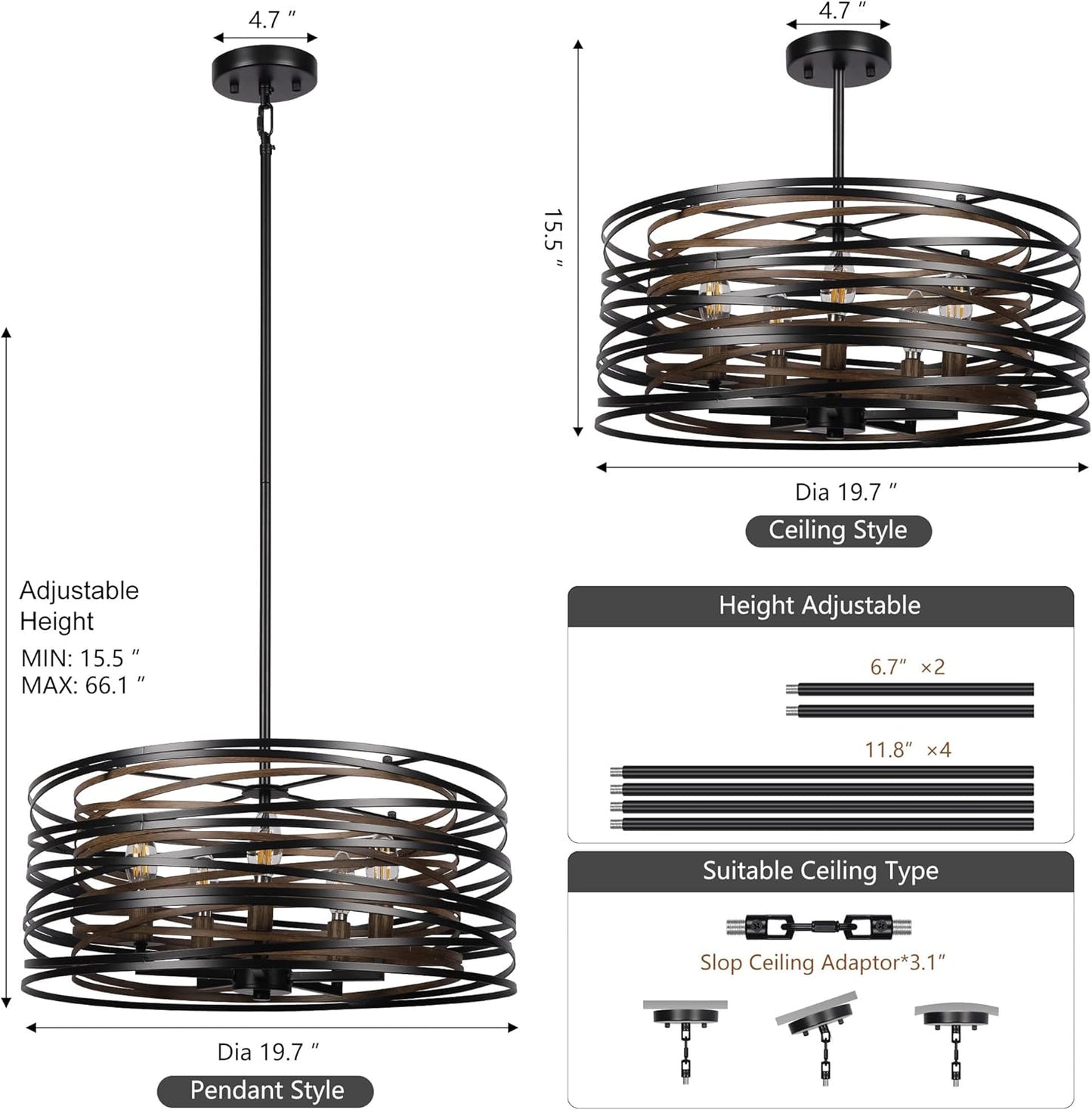 5-Light Drum Chandeliers for Dining Room 19.7' Rustic Farmhouse Dining Room Light Fixture Wood Grain and Vintage Black Metal Chandeliers