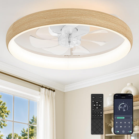 LEDIARY 20" Low Profile Flush Mount Ceiling Fans with Lights and remote Wood 20 inch
