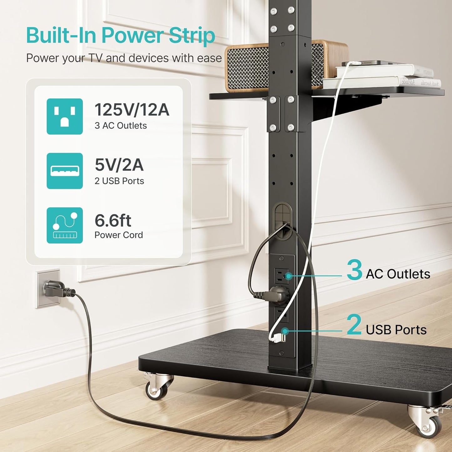Rolling TV Stand with Power Outlet for 32-75 Inch TVs up to 110 lbs, Mobile TV Stand on Metal Wheels, Tilt & Swivel Portable TV Cart with Mount, Height Adjustable TV Cart with Wire Management