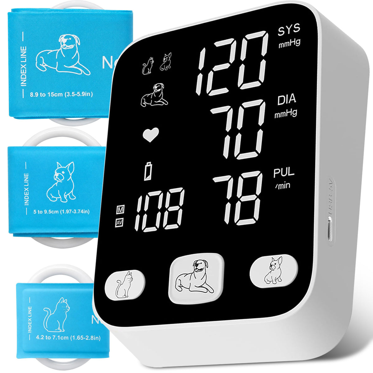 Dog Blood Pressure Monitor for Pet/Dog/Cat, Animal Automatic Digital BP Machine with Large LCD Screen Backlight 3 Cuffs 270 Data Memory Silent Black-2025pro
