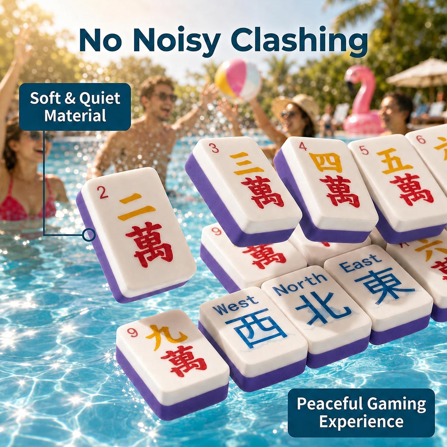 Portable Floating Mahjong Tiles Set, Waterproof Mahjong Set for Water Games, Beach,Indoors, Gift Box Includes Storage Bag & Dice, 1.4 In Floating Mahjong for Pool Parties and Family Gatherings Purple