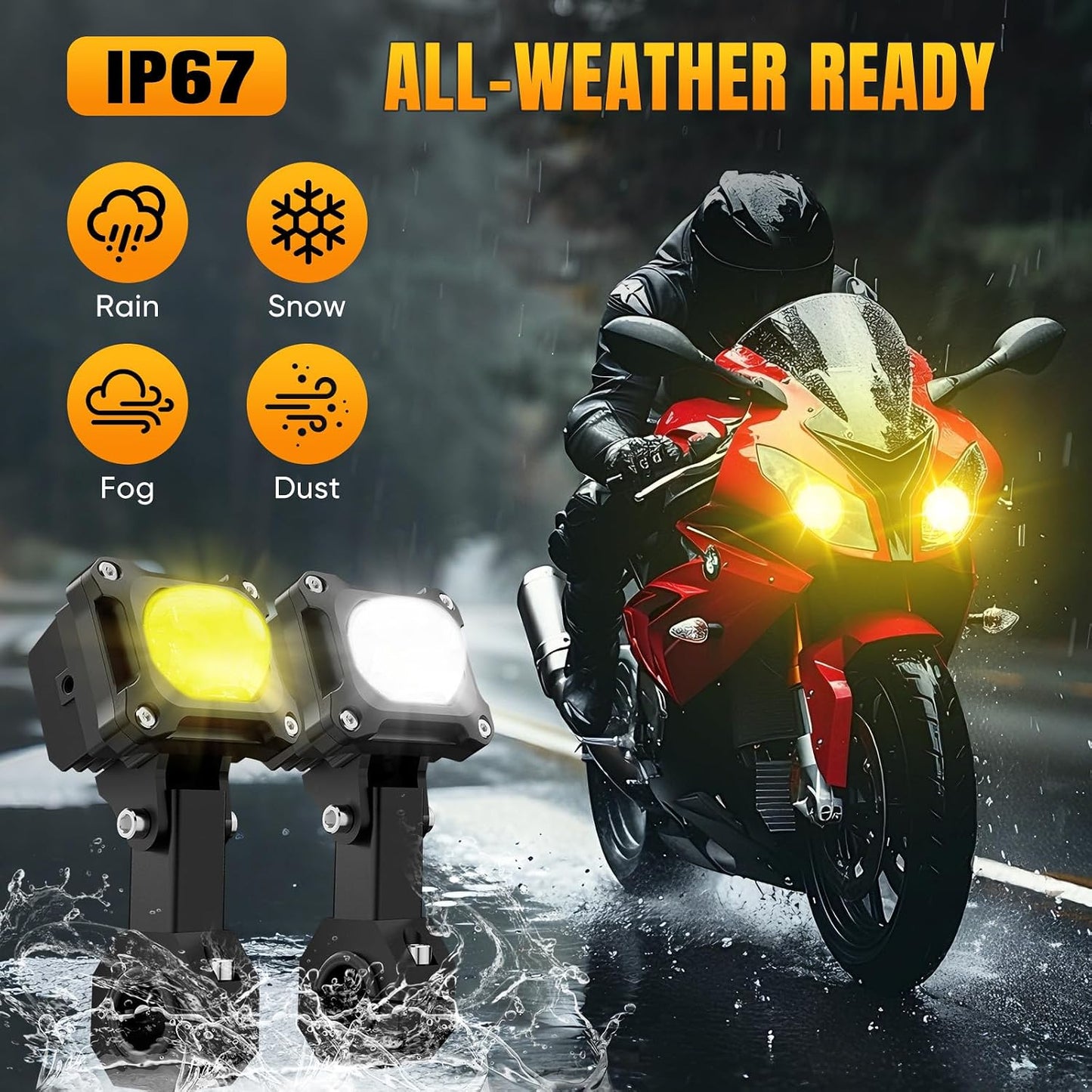 Upgraded Motorcycle LED Auxiliary Lights - Thickened Heavy Duty Bracket, Dual Color White/Amber Strobe Fog Light, DRL Driving Lamp Kit with Wiring Harness for ATV UTV Offroad