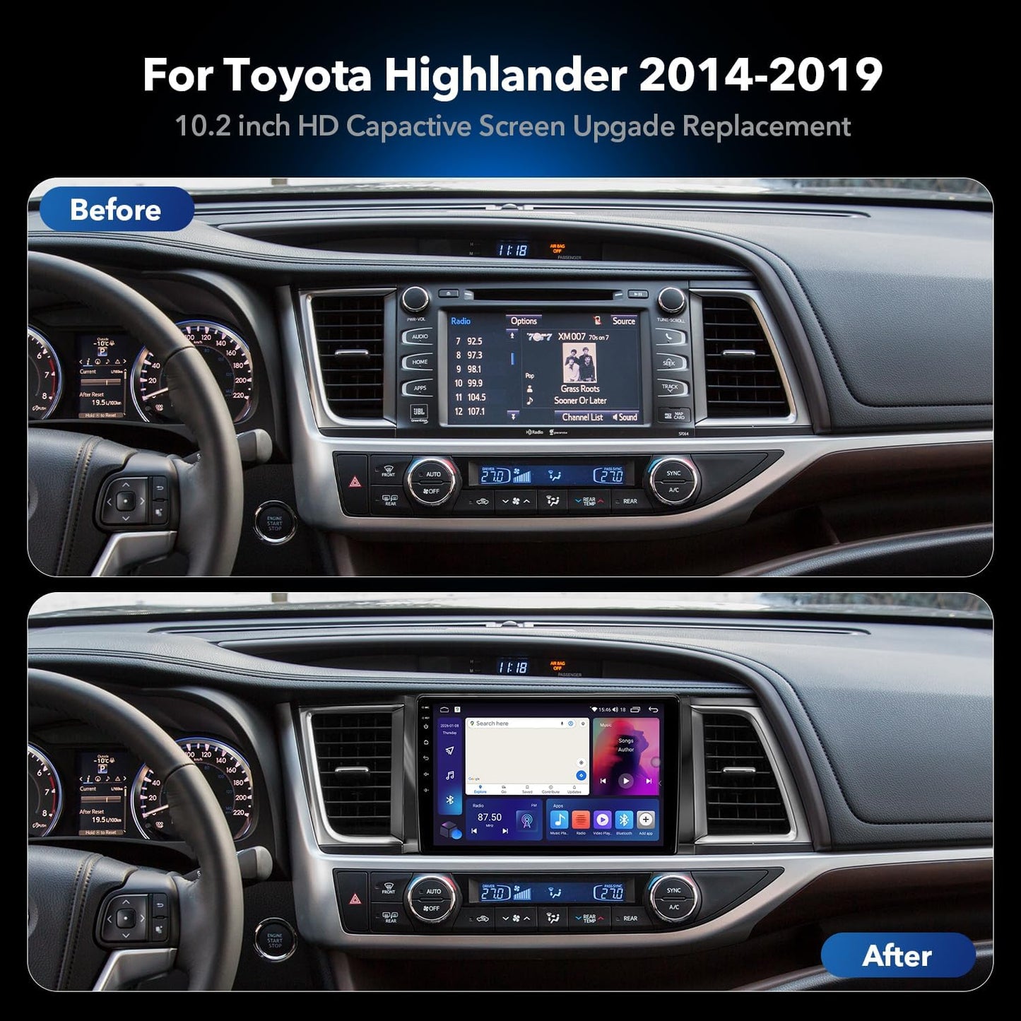 10.2'' Android 13 Car Radio Stereo for Toyota Highlander 2014-2019, Plug and Play Head Unit with CarPlay & Android Auto/1080P Backup Camera/AM FM Radio 10.2'' QLED TOUCHSCREEN