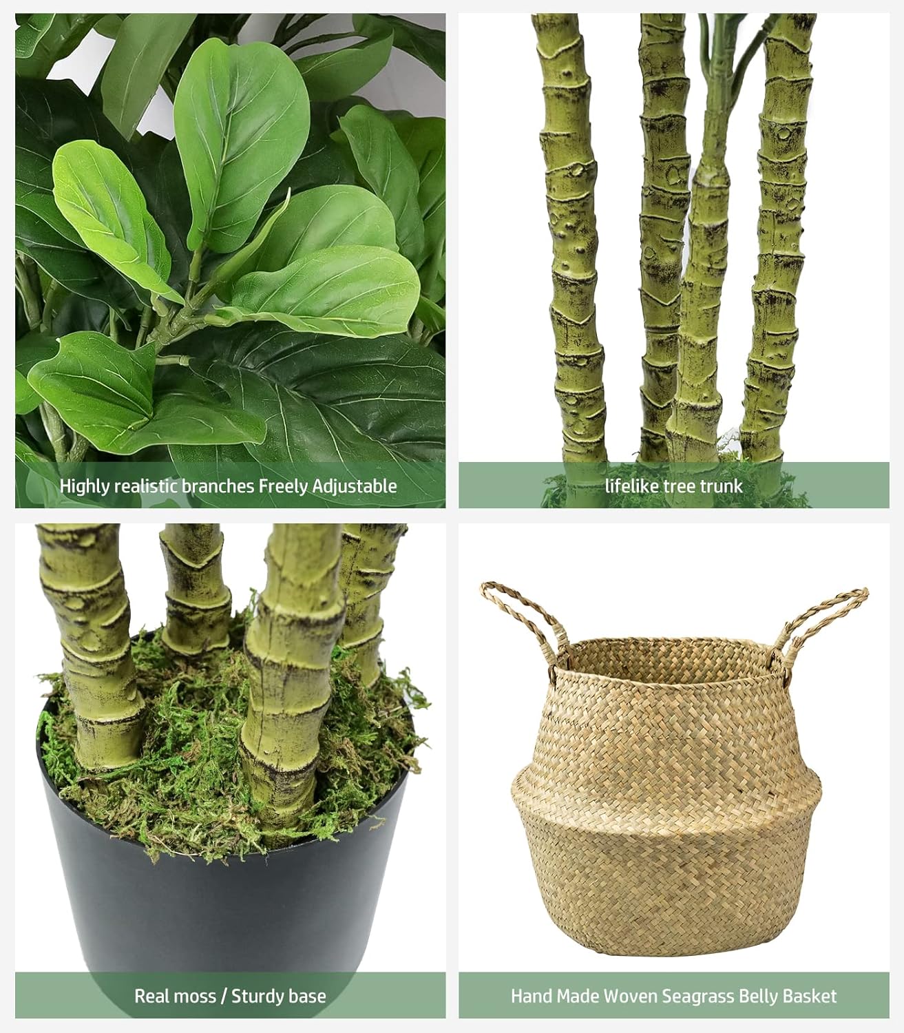 6ft Artificial Tree Indoor with Woven Seagrass Plant Basket, Artificial Fiddle Leaf Fig Tree Fake Tree Faux Plant Indoor