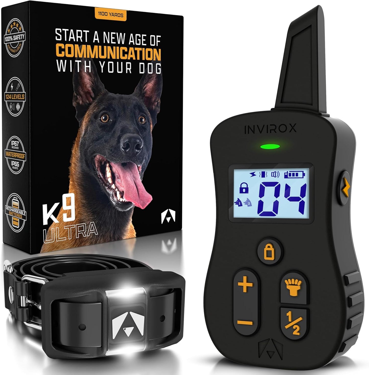 INVIROX Dog Shock Collar [Ultra K9] 124 Training Levels, 4 Powerful Modes with Night-Light and  Mile Range 100% Safe