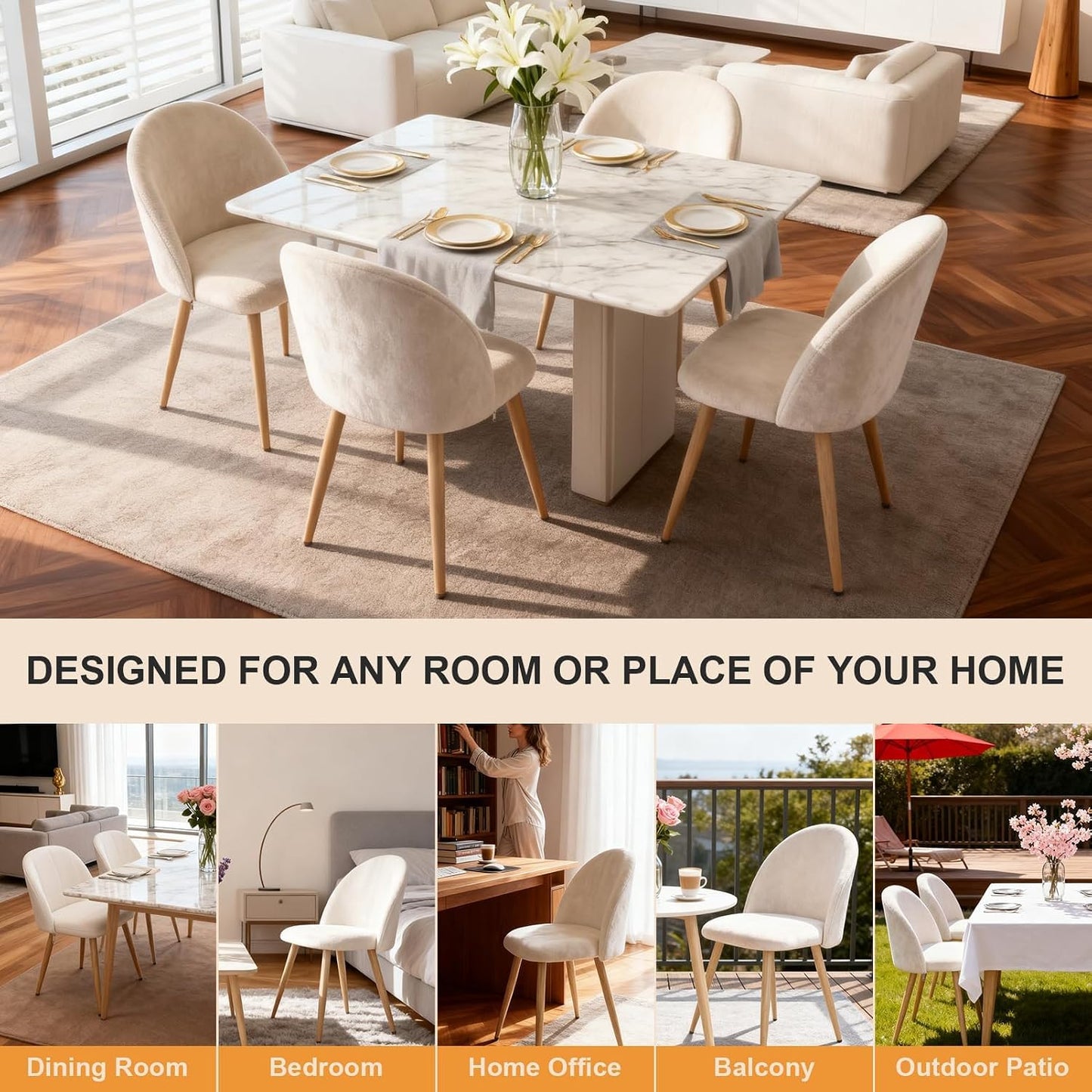 Lightdot Dining Chairs Set of 2, Velvet Comfortable Seats, Mid-Century Modern Living Room Chairs, Upholstered Kitchen Chairs with Wooden Legs and Padded Seat for Bedroom Office, Easy Assembly, Beige