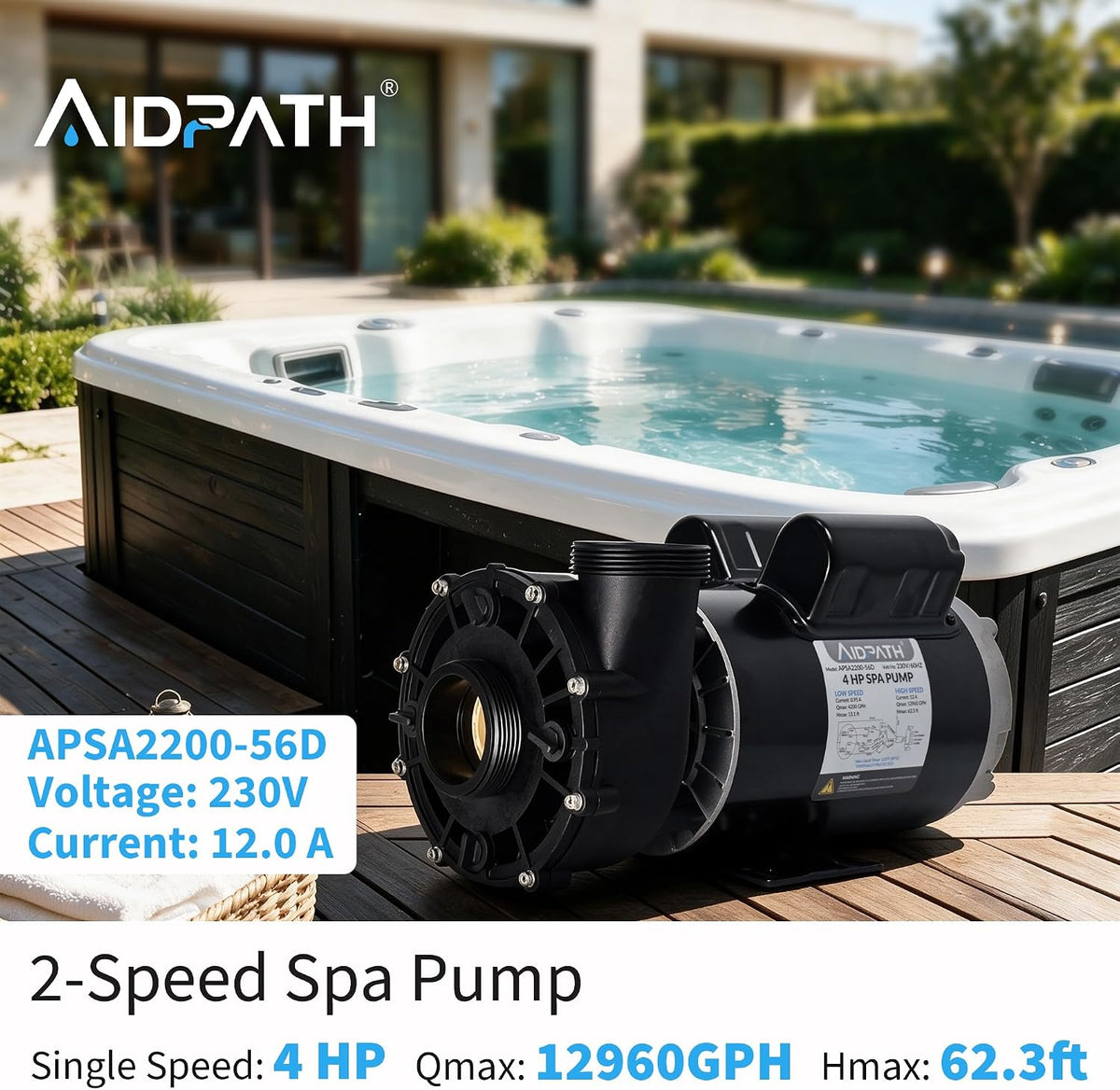 56 Frame 230V, 4HP Dual Speed Hot Tub Spa Pump with 2"&1.5" Adapter