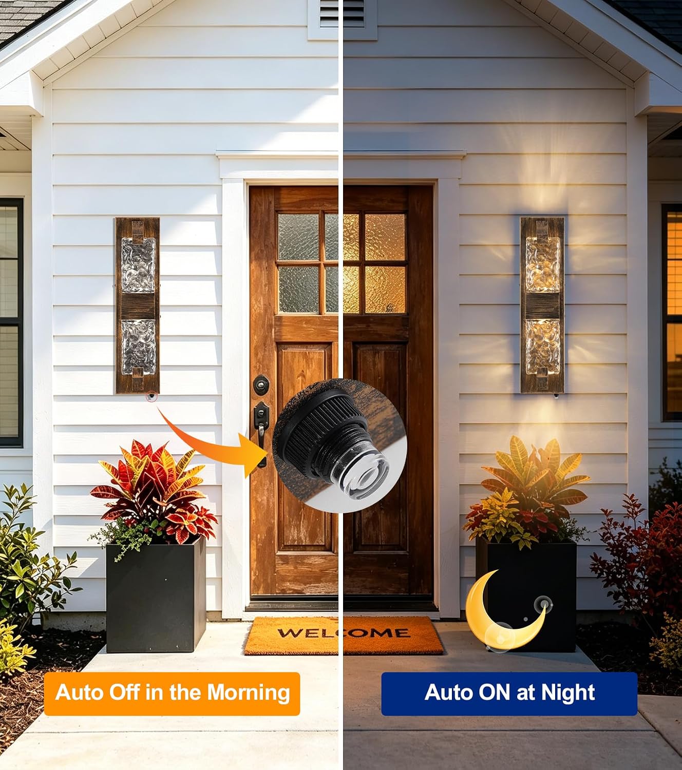 Dusk to Dawn Porch Lights, 18.5" Rustic LED Outdoor Wall Light 2 Pack | Rustic Wood-Grain,Crystal Glass Shade, IP65 Waterproof,12W 3000K Hardwired, Rust-resistant for Entryway/Garage/Patio/Doorway