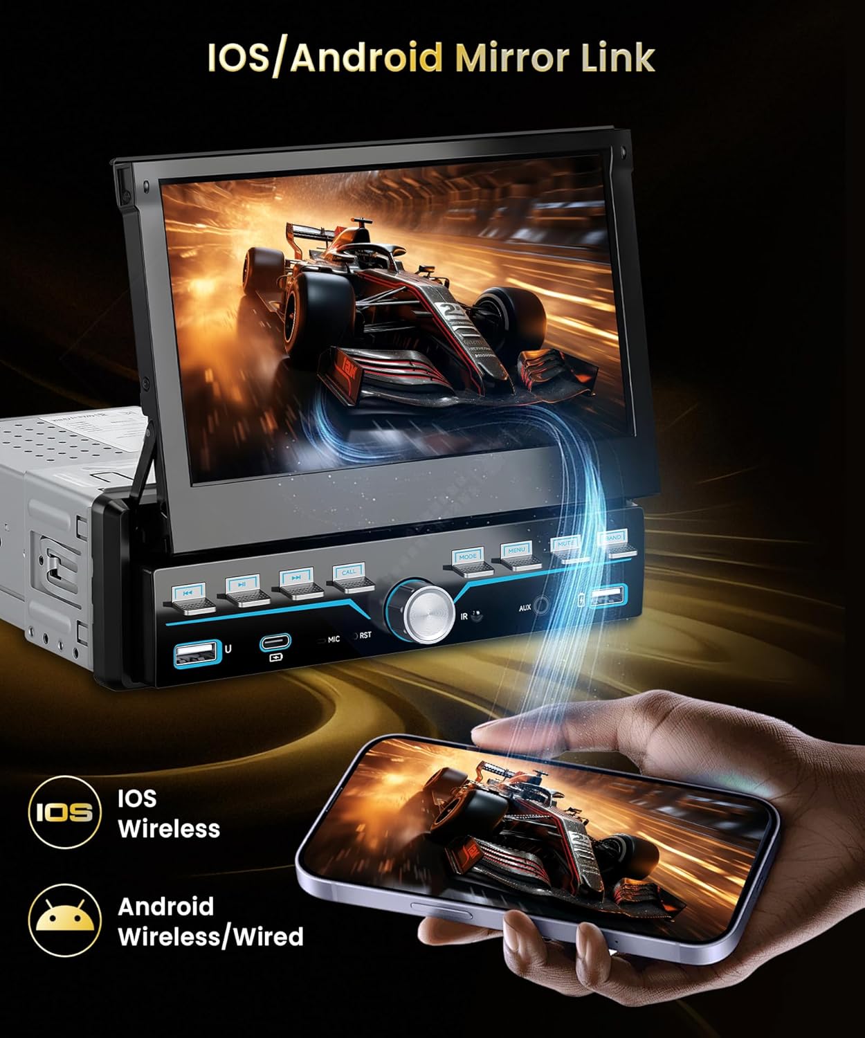 7'' Single Din Car Stereo with Piano Keys,Wireless CarPlay Android Auto,HD IPS Manual Telescopic Touchscreen Radio with Bluetooth,FM Radio Receiver Support USB/Type-C,Mirror Link,Backup Camera