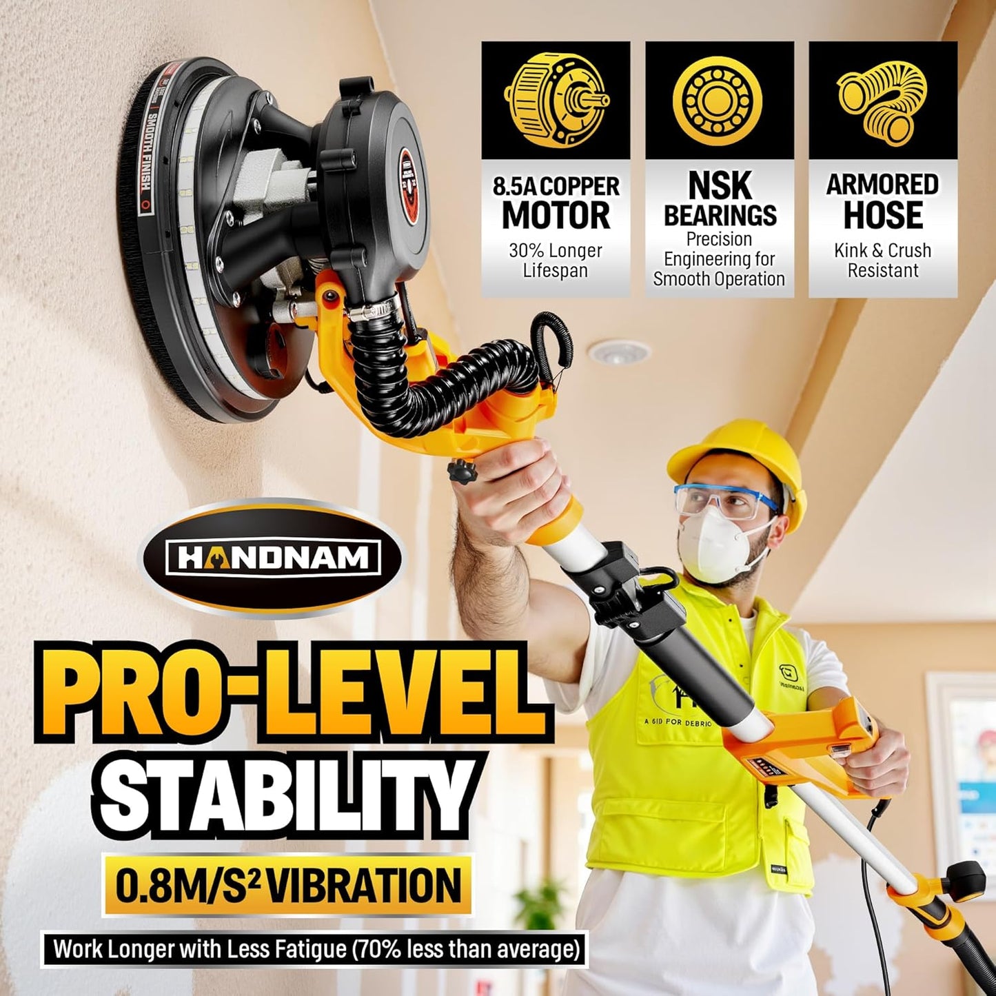 Electric Drywall Sander, 8.5A Drywall Power Sander with Vacuum Dust Collector, 9 Variable Speed 800-2100RPM, LED Light, Dustless Wall Sander for Drywall, Popcorn Ceiling