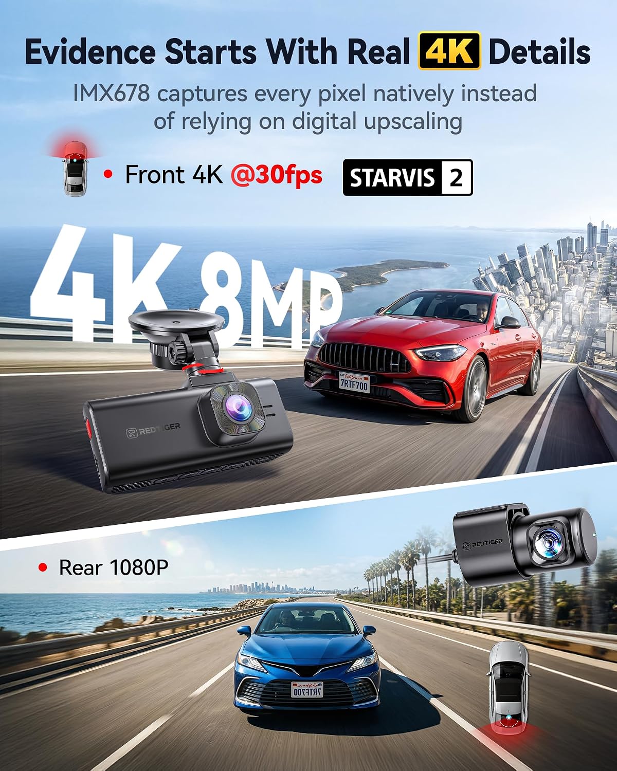 REDTIGER F7NA 4K Dashcam Front and Rear,8MP STARVIS 2 IMX678, 128GB SD Card