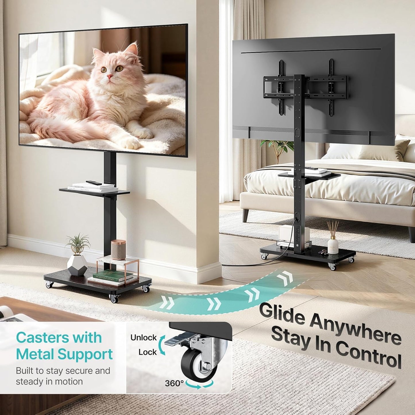 Rolling TV Stand with Power Outlet for 32-75 Inch TVs up to 110 lbs, Mobile TV Stand on Metal Wheels, Tilt & Swivel Portable TV Cart with Mount, Height Adjustable TV Cart with Wire Management