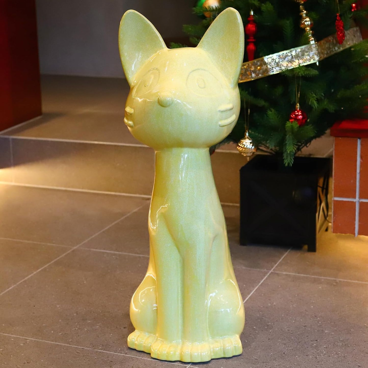 Minimalist Ceramic Sitting Cat Big Size 29' High Lucky Cat Statue Cartoon Style Living Room Animal Kitten Figurine Decoration, Yellow