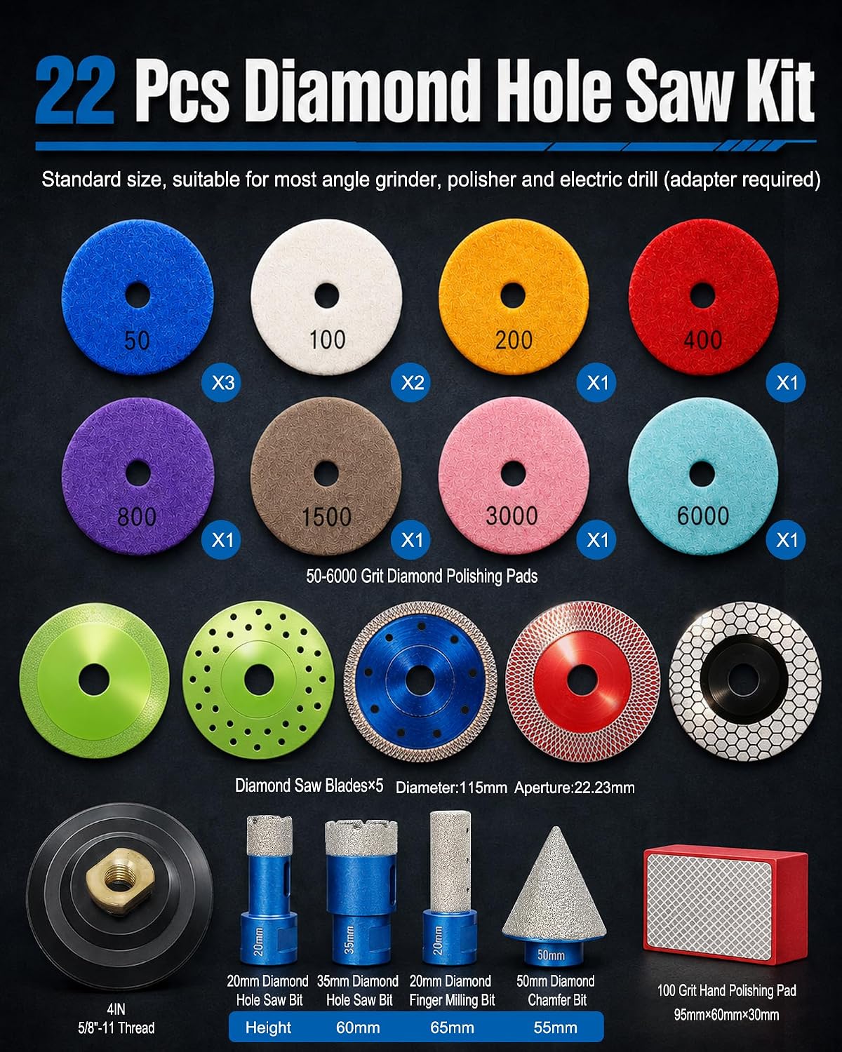 22 PCS Diamond Hole Saw Kit, Diamond Bits, 4.5" Blades, Polishing Pads