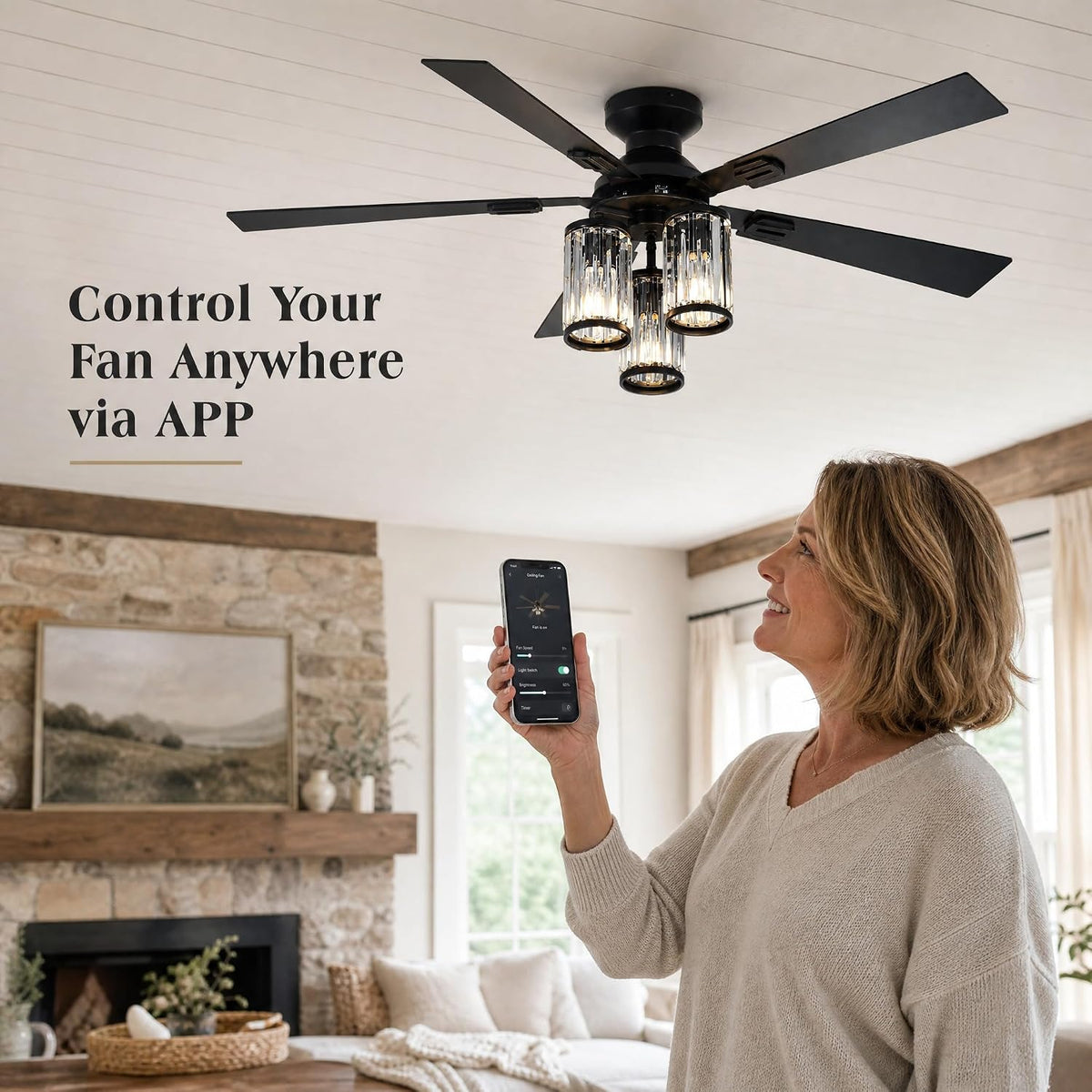 52 Inch Ceiling Fan with Lights, Low Profile Flush Mount Black 5‑Blade with Quiet DC Motor, 3 Crystal Glass E26 Shades, Remote & App Control for Bedroom and Living Room (Bulbs Not Included)