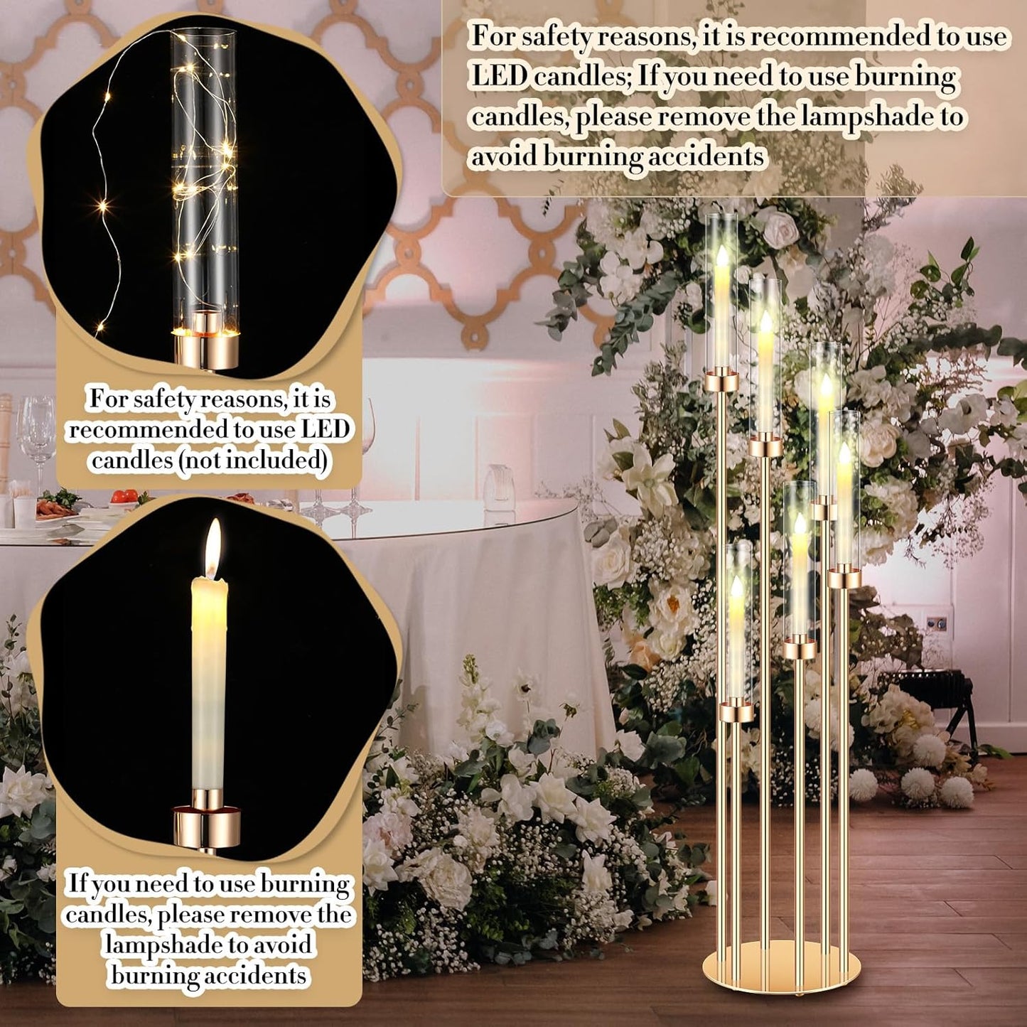 Tandefio 4 Sets Acrylic Candelabra Centerpieces 46.5&#39;&#39; Tall Clear Candle Holders Pillar Taper Candlestick with Lampshades 6 Arm Floor