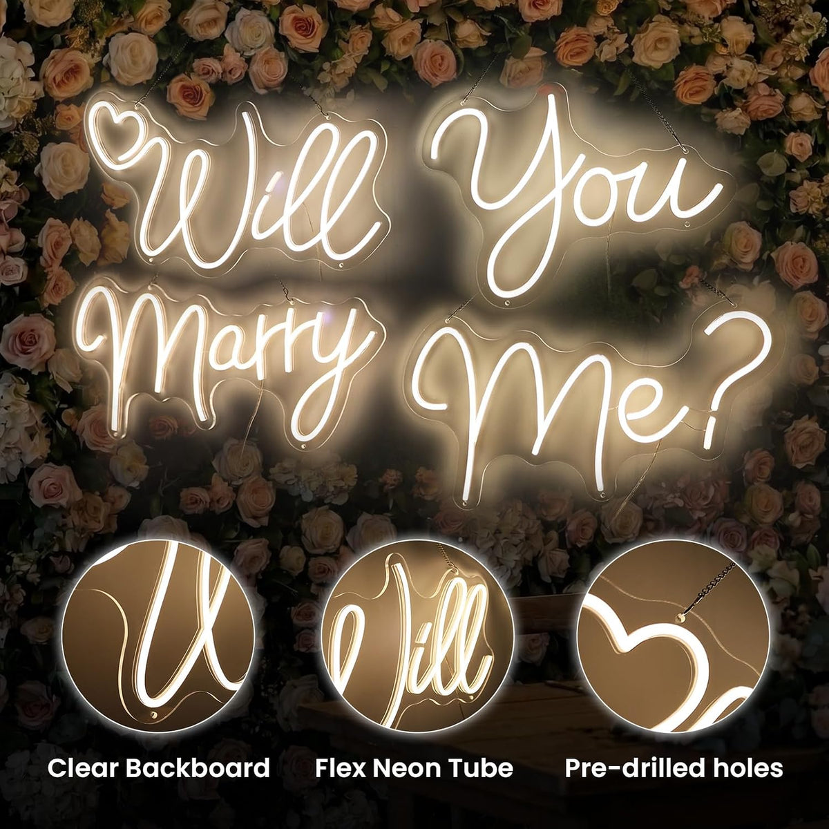 Will You Marry Me Neon Sign, Large 4-Piece LED Neon Light, 85.5 x 11.6 in