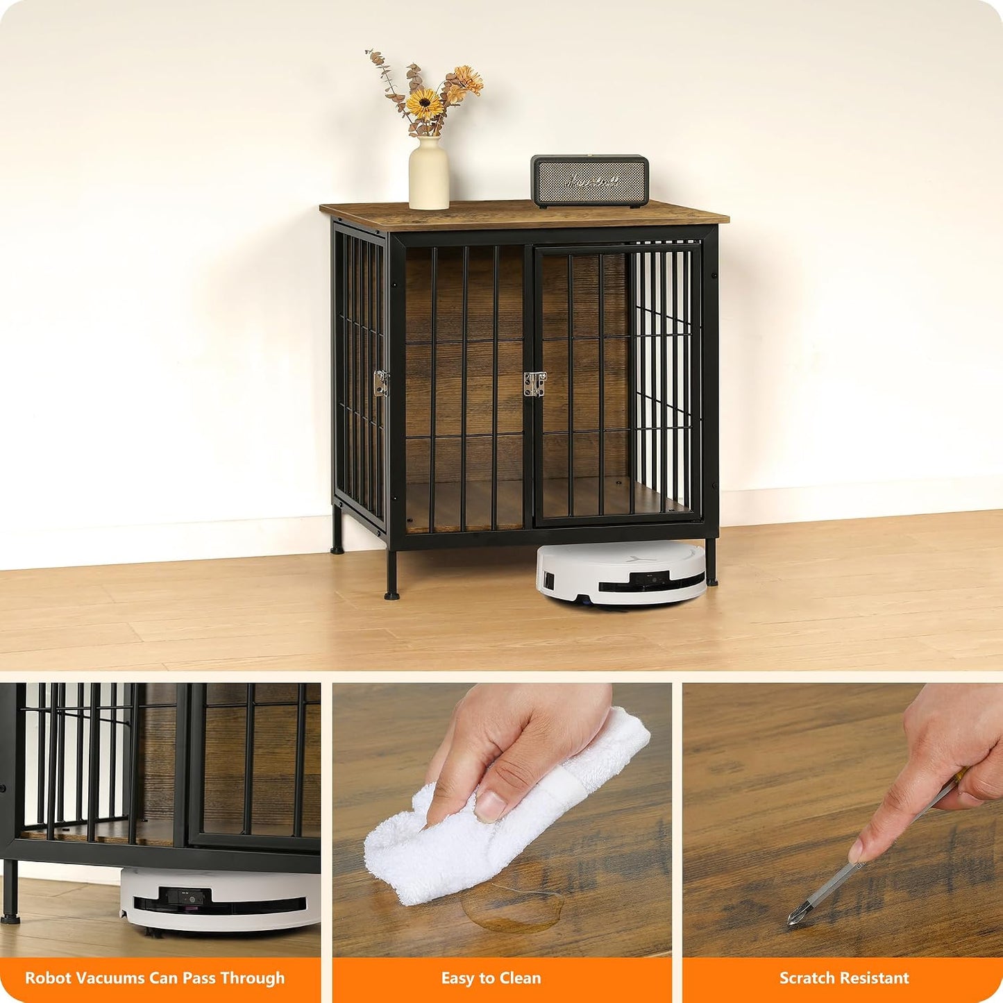 DWANTON Dog Crate Furniture, Heavy Duty Dog Crate, Indoor Dog House, Wooden Kennel Table as TV/Night Stand Side/End Table, Small Size, 26.5" L, Warm Brown Warm Brown 26.5"L x 20.1"W x 26.8"H