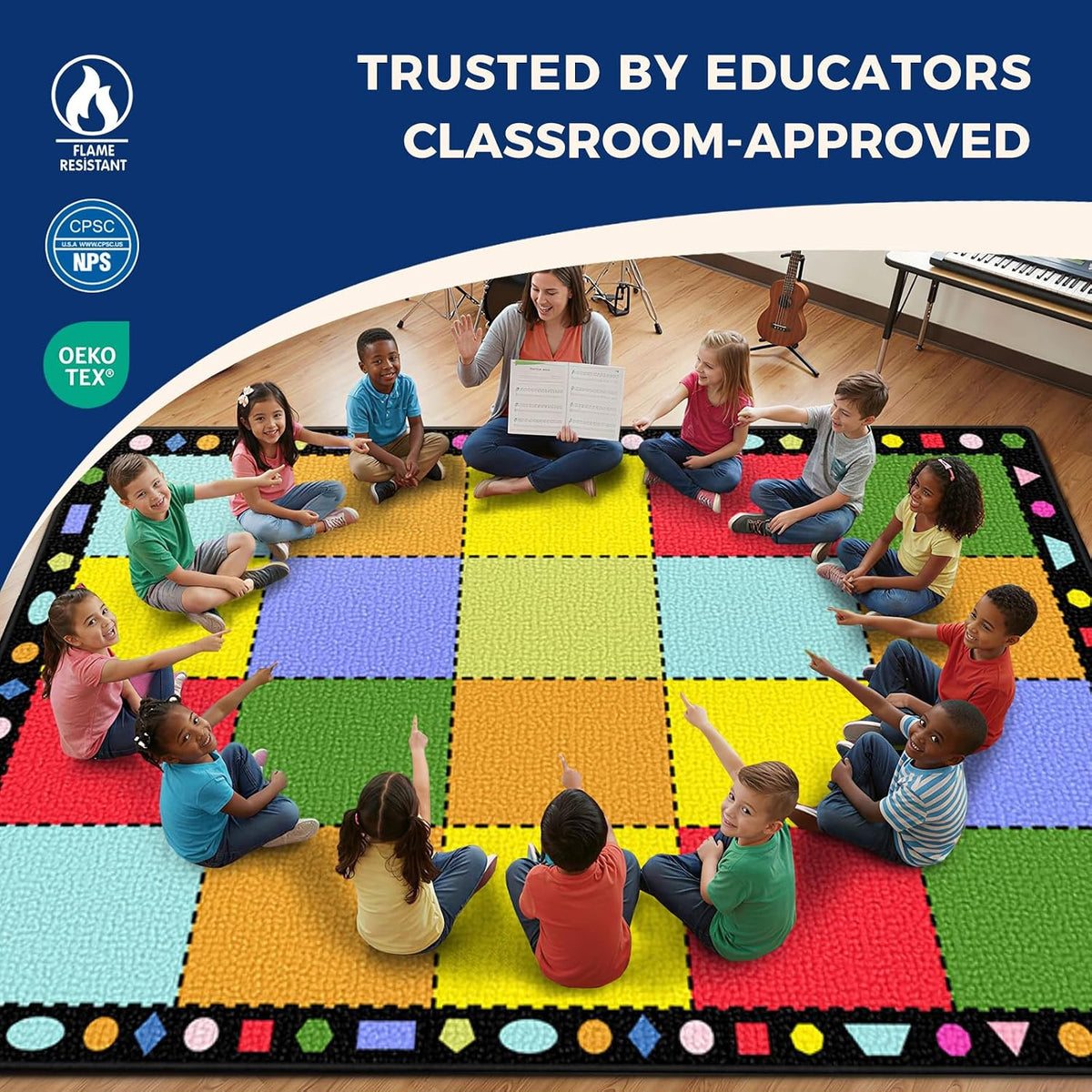 Booooom Jackson Classroom Rug - 5'x7'6'' Blocks Border Seating Rug Preschool Classroom Carpet, Non-Slip & No-Trip Edges, Vibrant Colors for Kids Playroom Floor Mat
