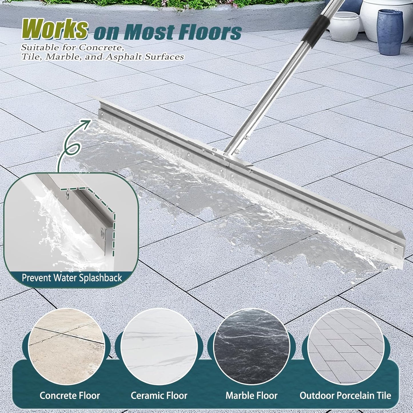 Heavy-Duty 33.4" Floor Squeegee for Concrete, Industrial Silicone Blade Squeegee for Floor with 63" Stainless Handle, Anti-Splash Curved Baffle Design for Garage, Factory, Warehouse