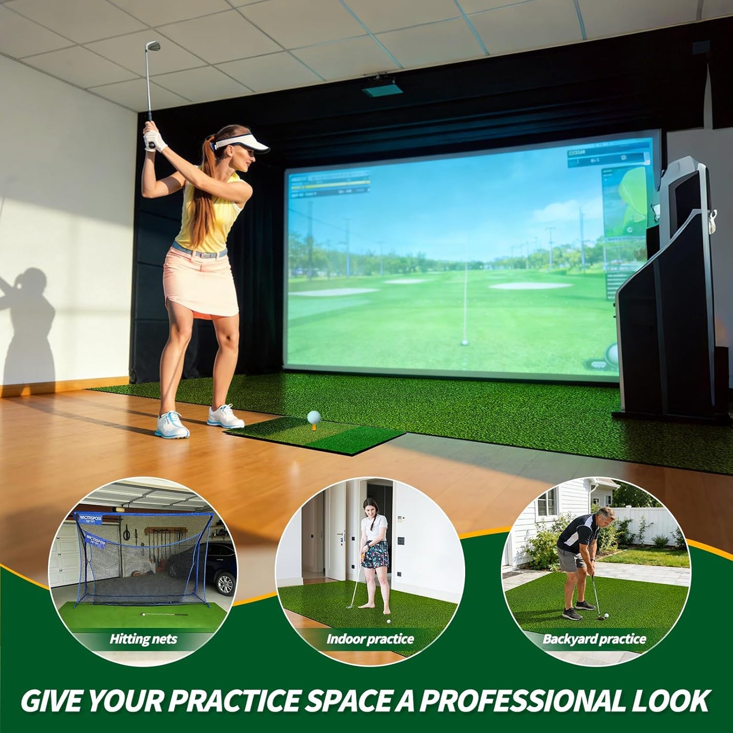 Golf Simulator Turf Mat, 15 mm 8/10/12ft Golf Mat for Indoor Home Setups, Golf Putting Mats Practice Outdoor Training Golf Hitting Mat for Putting Practice Football Sports Gym Backyard 8FTx4.8FT