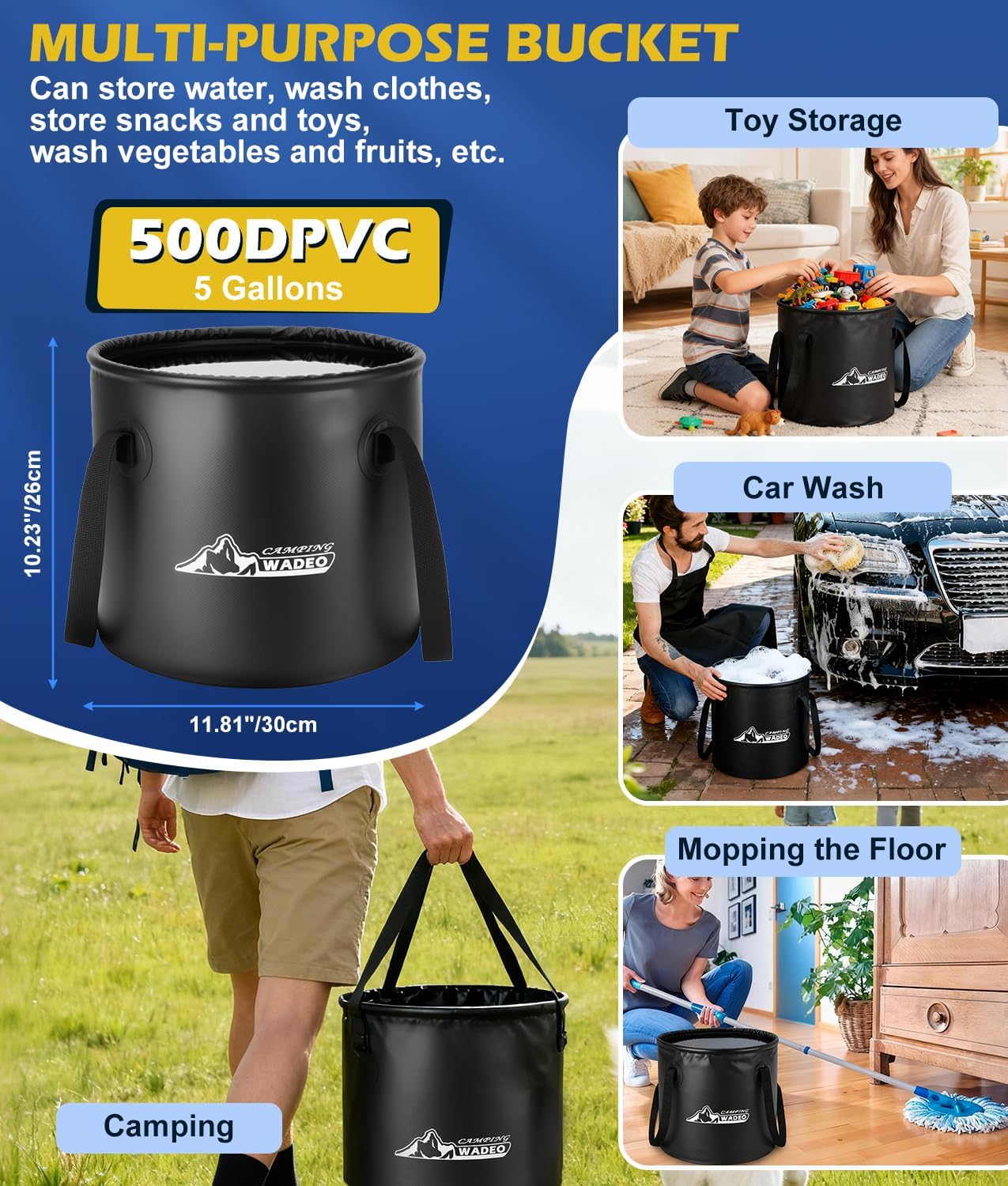Upgraded Portable Shower for Camping with Heater, Rechargeable Camping Shower with Intelligent LED Display, 5 Gal Foldable Bucket, 4 Spray Modes, Portable Shower for Travel, Pet Bath, Car Washing