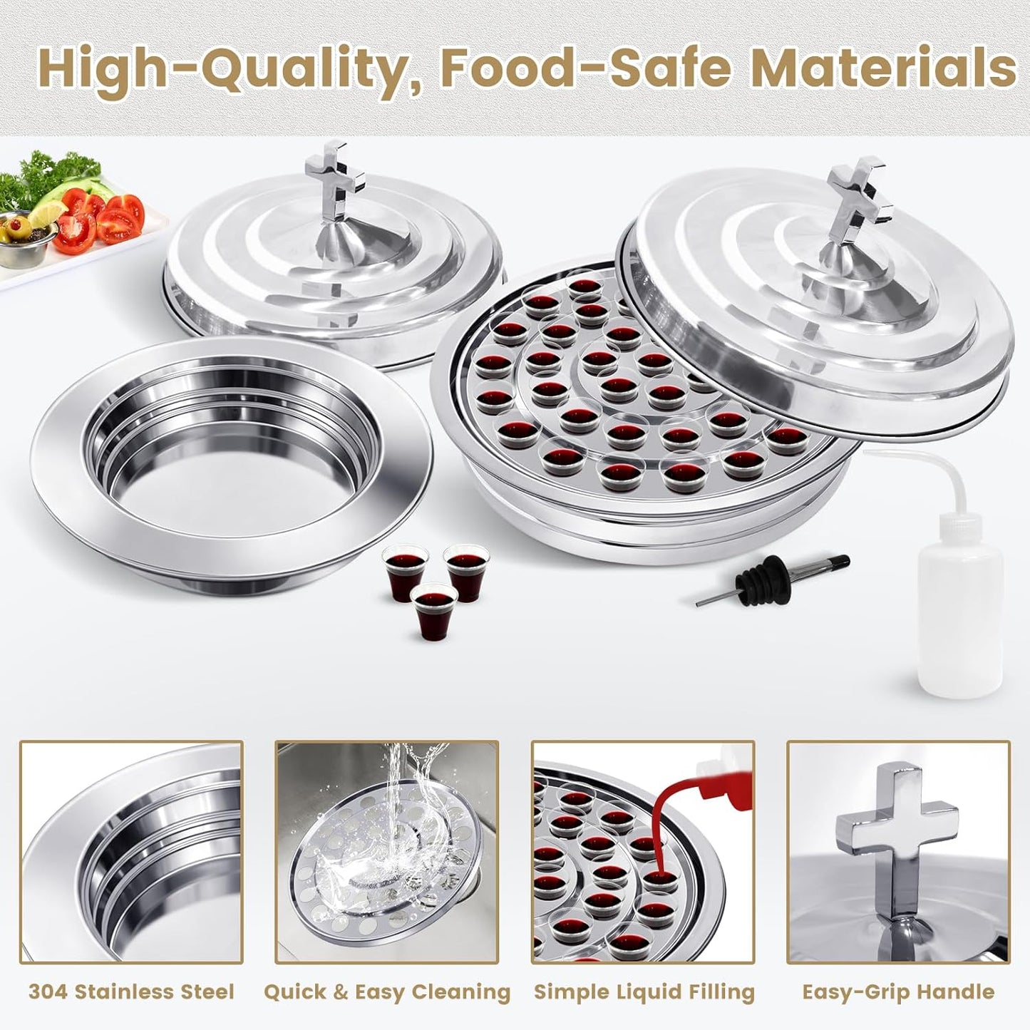 Communion Set Holy Trays,2Pcs Stainless Steel Communion Trays,Dining Set with Squeeze Bottle & Liquid Dispenser, Includes 100 Disposable Cups,for Church Service