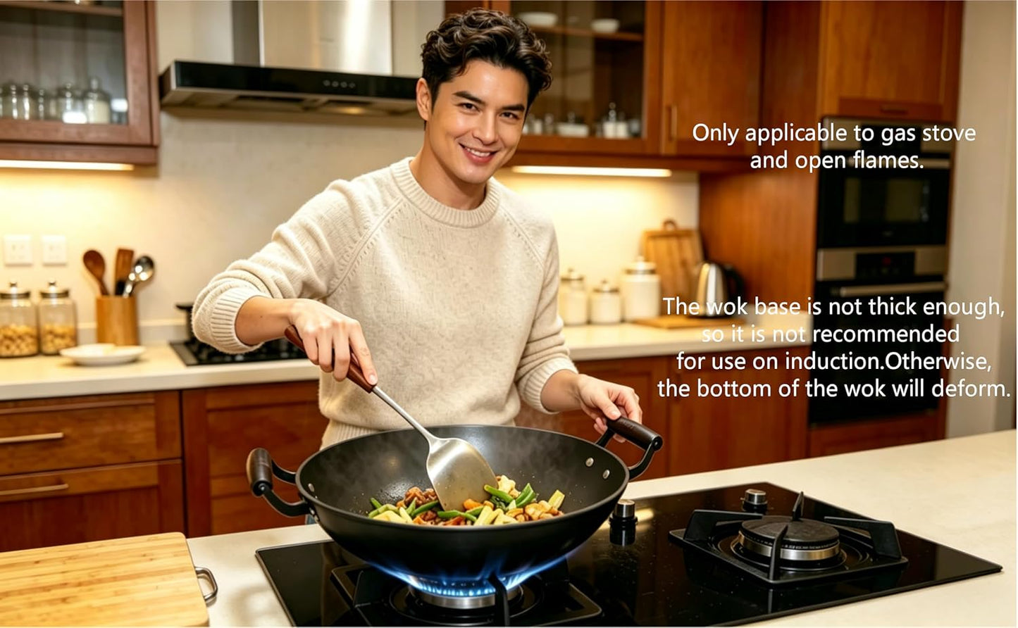 Chinese woks with a lid and a Spatula stir-fry deep fryer Cast Iron 15.2in flat bottom Uncoated for Open Fire not easy to rust not easy to stick and durable for about 3-7 people