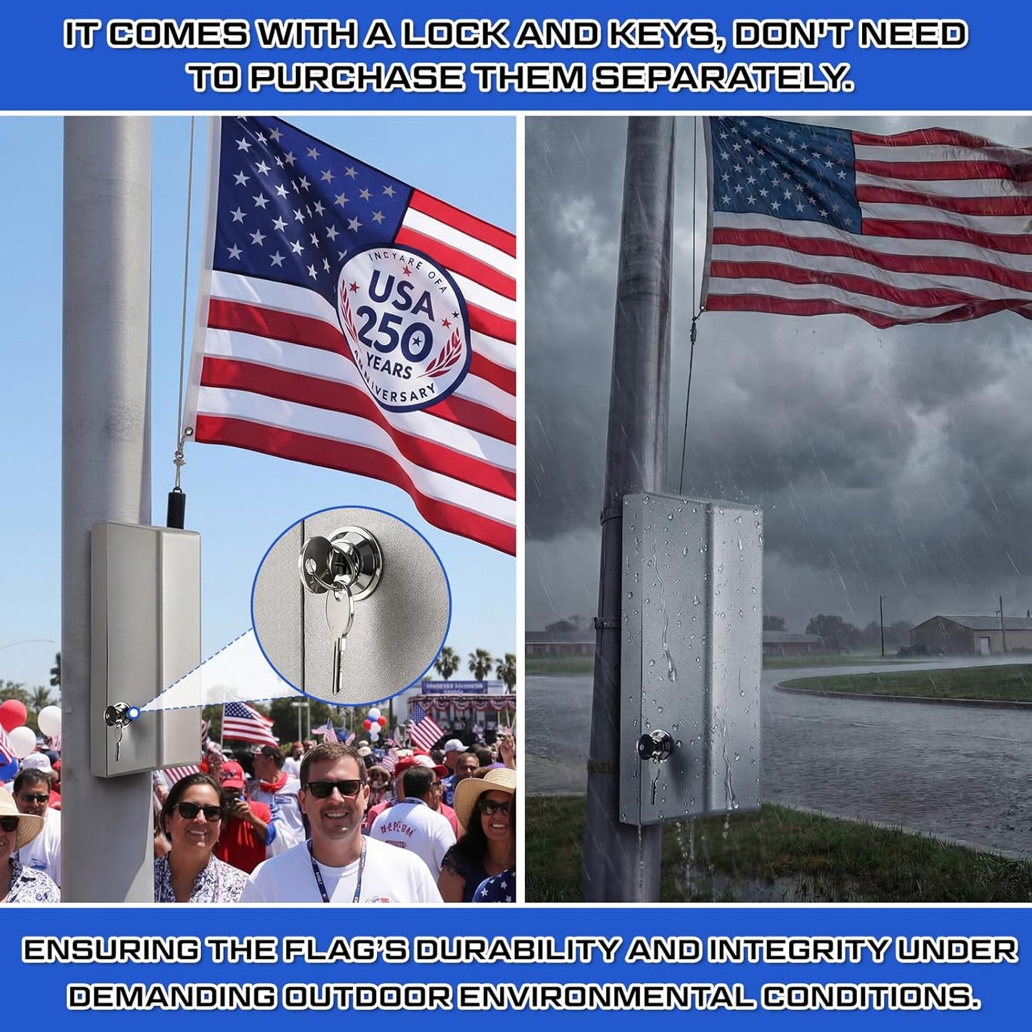 Flagpole Lock Box Anti-Theft Cleat Cover Flagpole Hardware for External Halyard Heavy Duty Cast Aluminum with Lock Prevents Flag Theft and Vandalism Fits 9 Inch Cleats with Install Kit