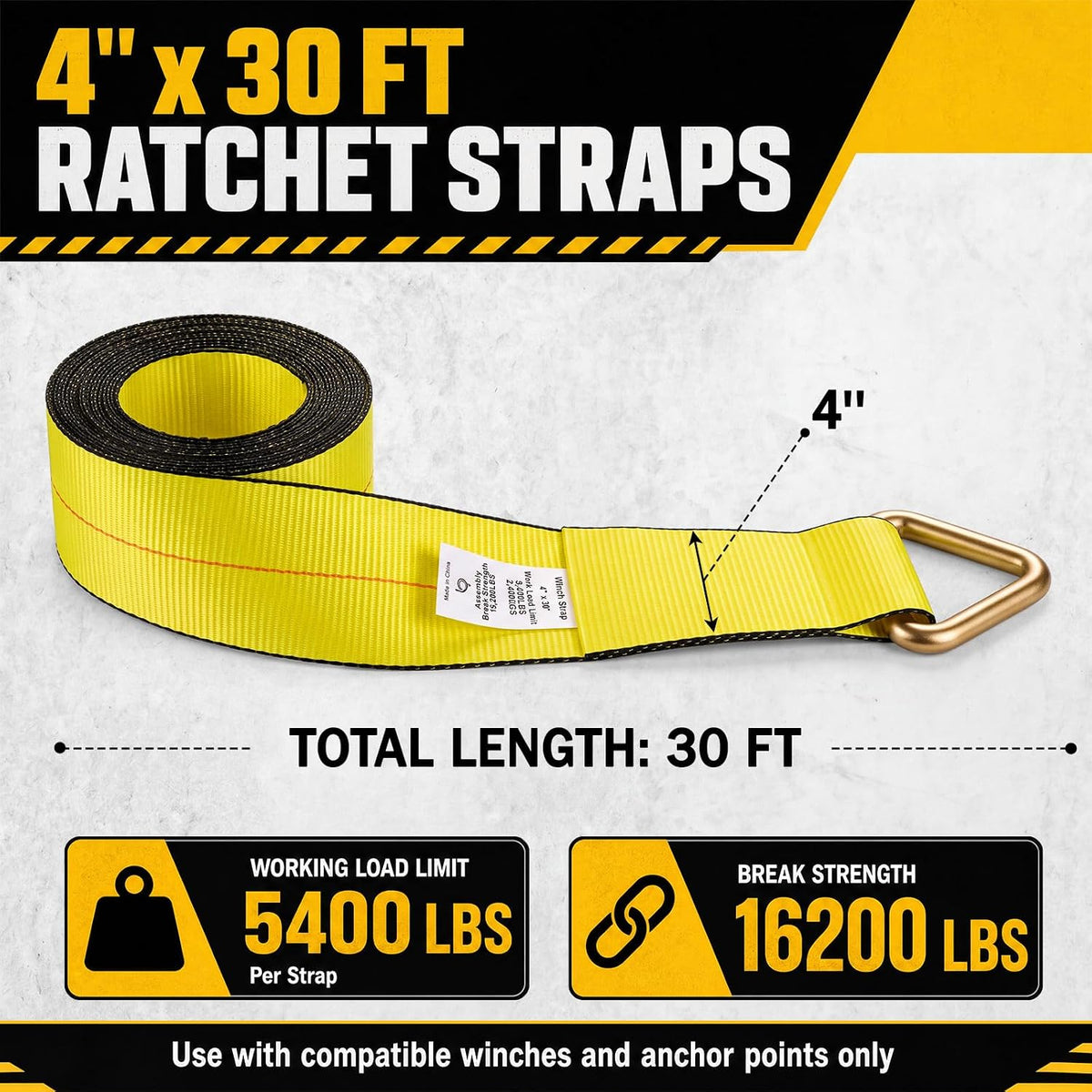 Woanger 4 Pack Cargo Control 4" x 30' Winch Straps with D-Rings Heavy Duty 5400 Lbs Working Load Limit Yellow 4 Inch Straps for Flatbed Trailers Trucks Securement
