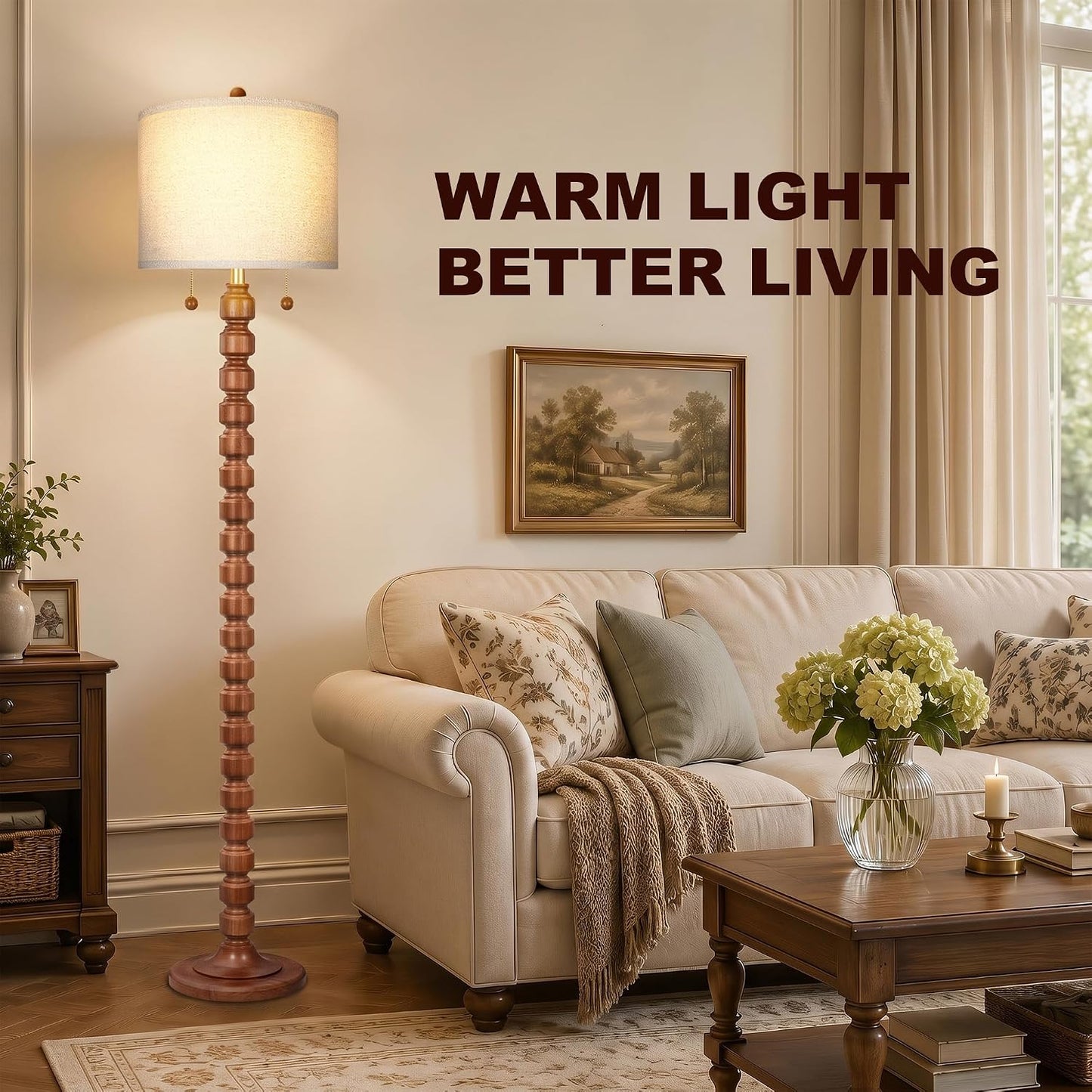 Scenekoy 63.5”H Solid Wood Floor Lamp for Living Room Bedroom, Pull Chain