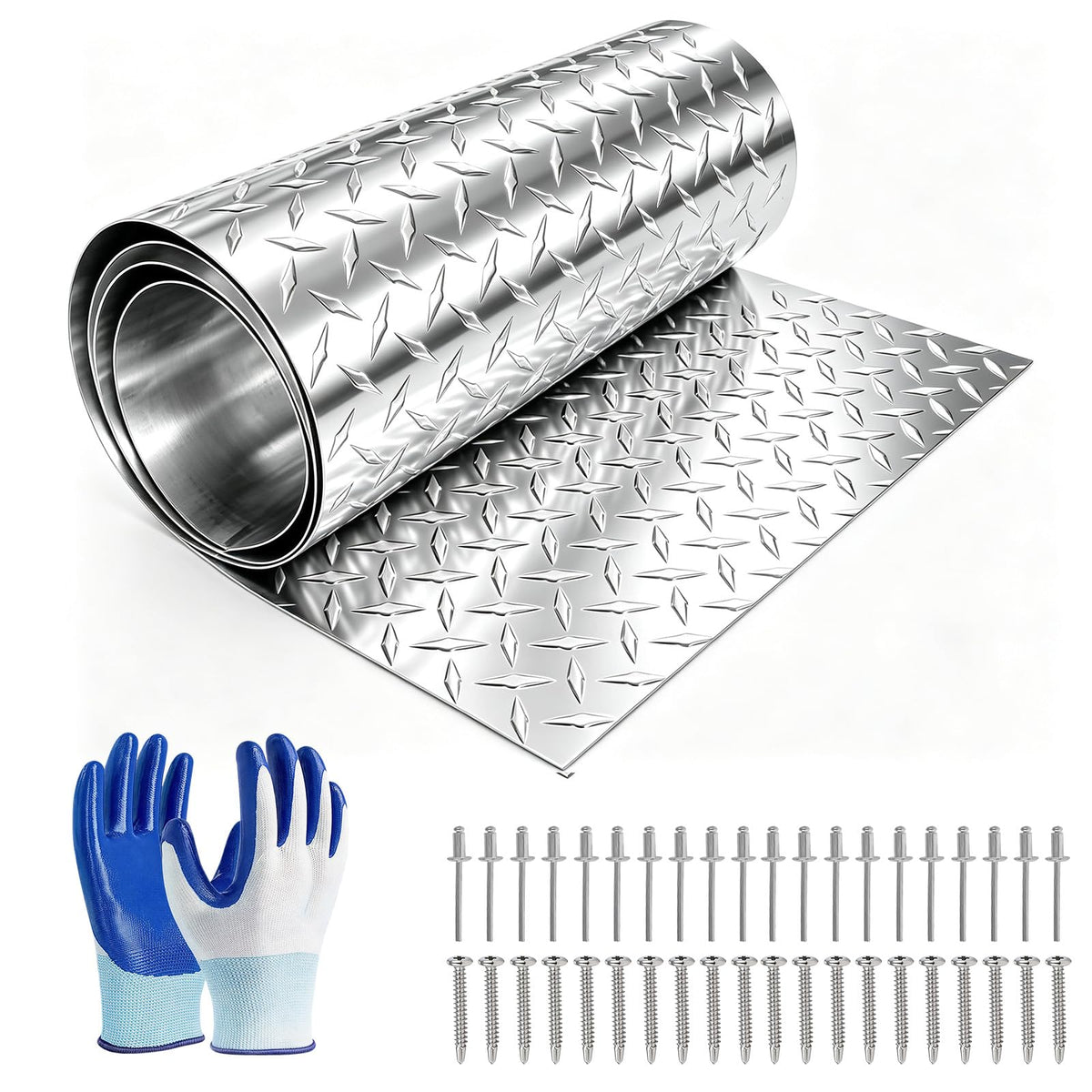 24" x 120" Aluminum Diamond Plate - Heavy Duty Pattern, Slip-Resistant 0.055" Thick Aluminum Pattern Sheet with Gloves & Rivets Great for RV Steps, Trailer, Garage Walls, Truck Repair & Home Decor