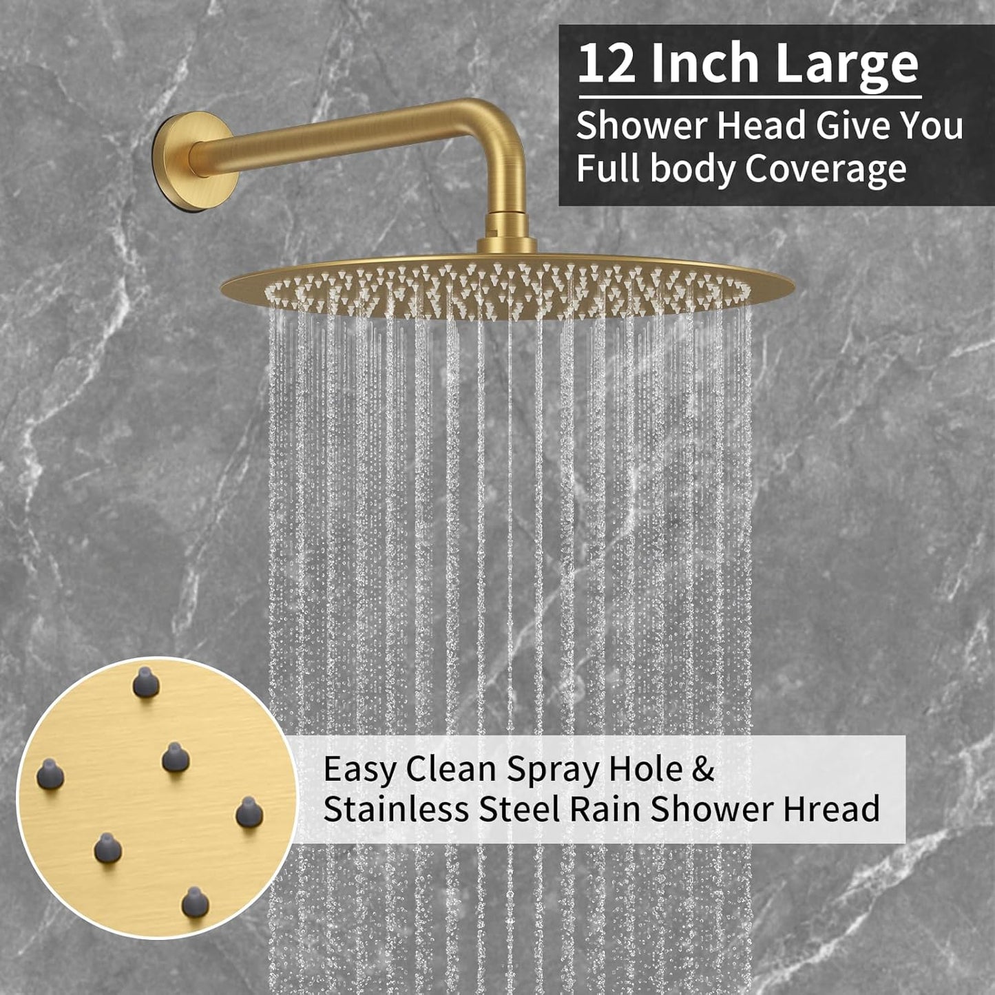 HONGTONGSOWER Brushed Gold Slide Bar Rainfall Shower System Wall Mount 12 Inch Round Digital Temperature Display Display Shower Faucets Sets With 4