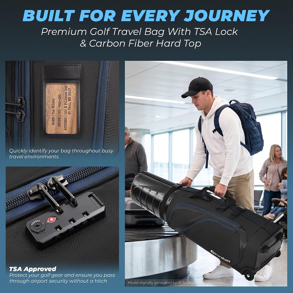 Golf Travel Bag for Airlines with Carbon Fiber Hard Top n TSA Lock
