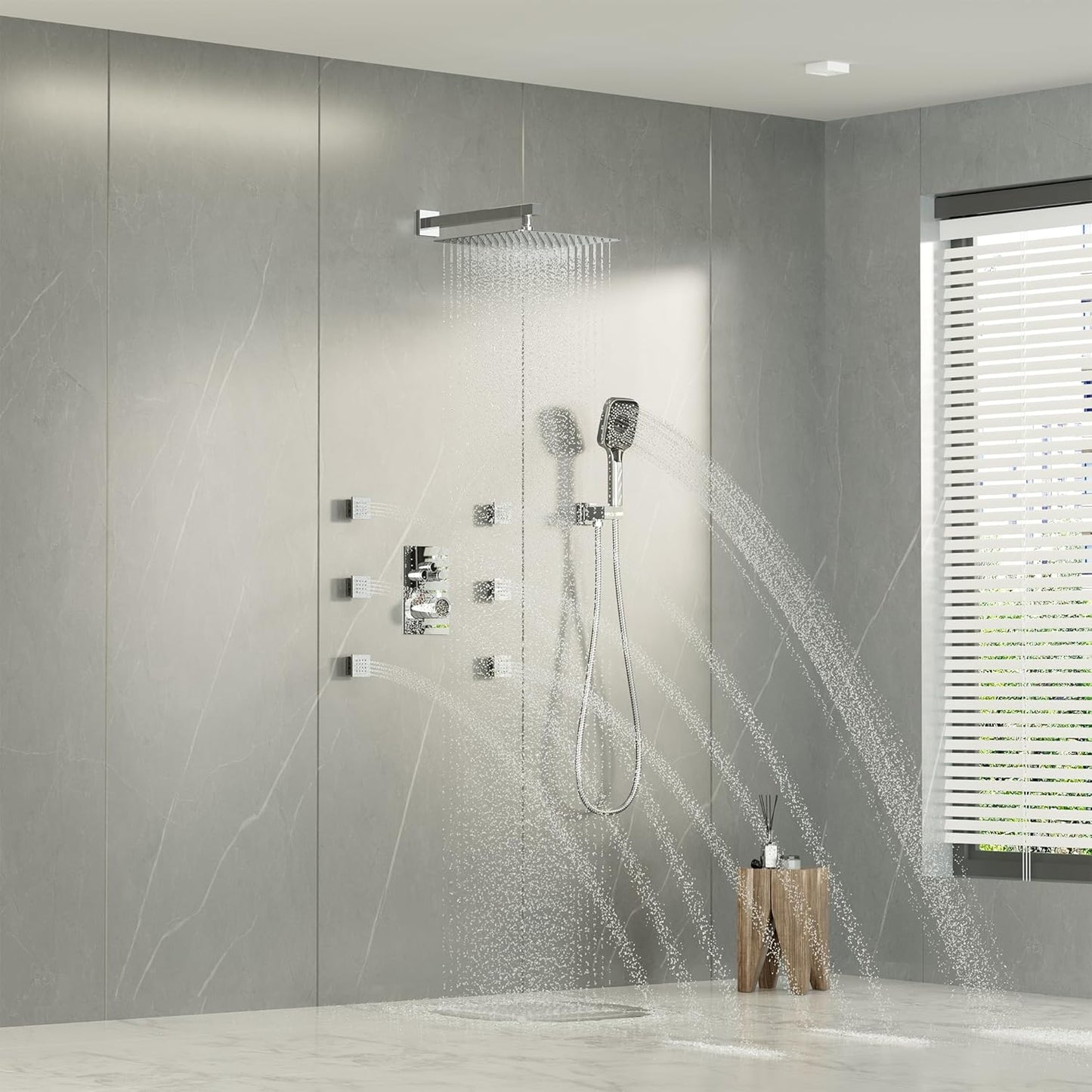 Thermostatic Shower System with 6 Body Jets, 12 Inch Wall Mount 3 Function Rain Shower with Handheld Spray Brass Shower Faucet Set Full Body Luxury