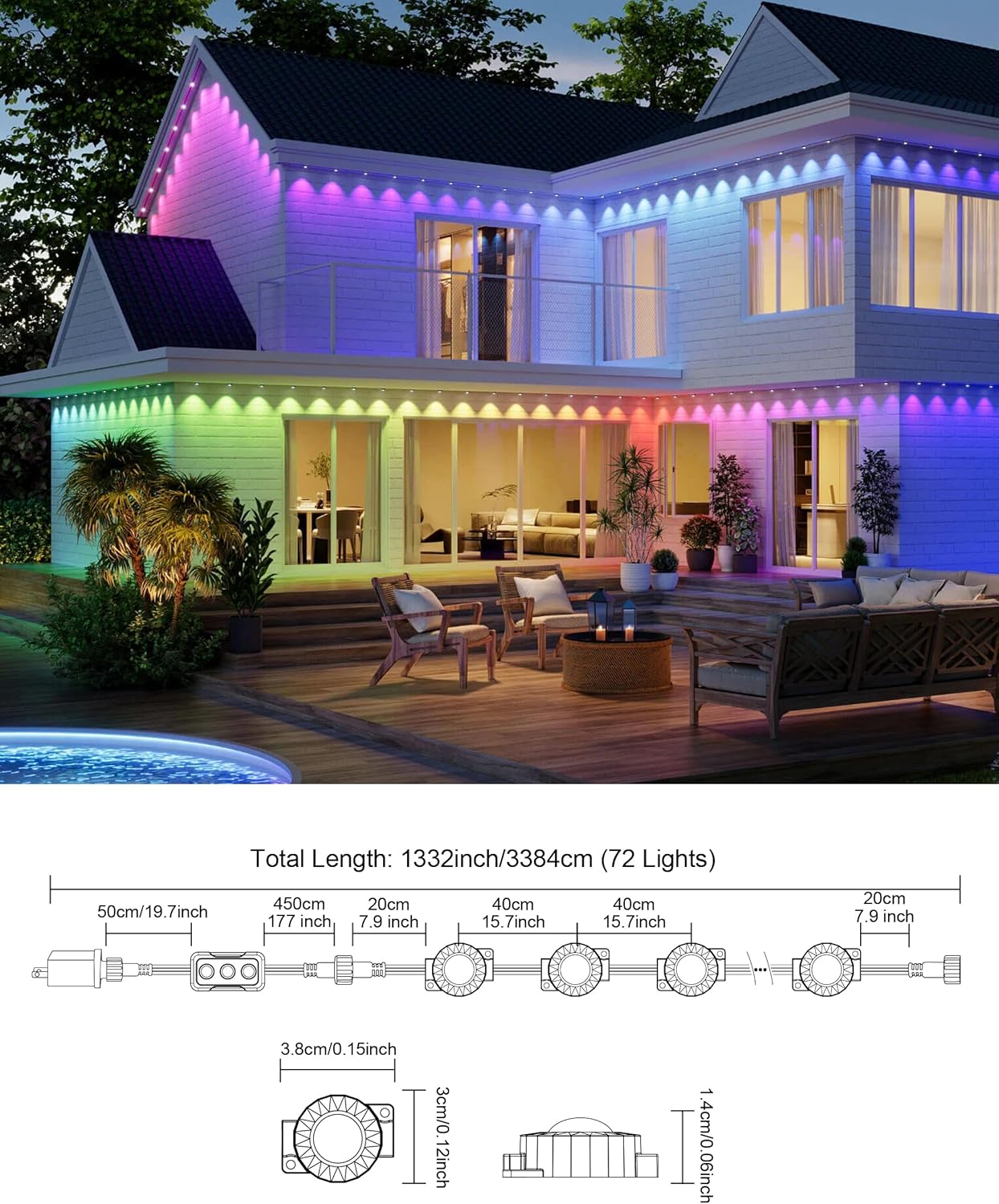 Permanent Outdoor Lights, 111ft with Smart 72 LED Lights with App Control, DIY Scene Modes IP65 Waterproof Christmas Outdoor Lights for Outside