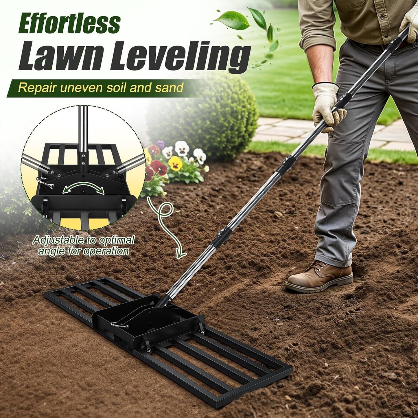 AugFir 2-in-1 Lawn Leveling Rake, Tamp and Lawn Leveler Tool，Heavy Duty Iron Dual-use 45” x 11” Base Plate with 76” Stainless Steel Handle, Quick Detach for Garden, Yard, Farm Solid Black