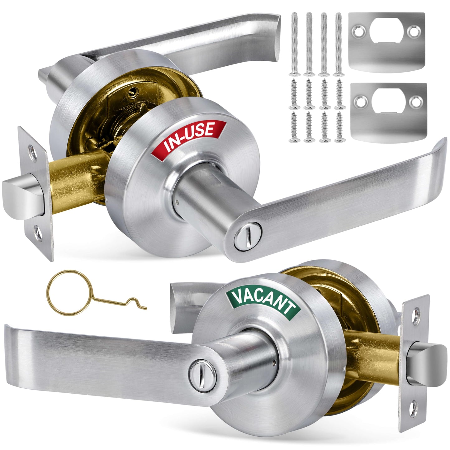 Bathroom Privacy Lever Door Lock (2 Pack), Vacant Occupied Bathroom Lock with Large In-Use or Vacant Indicator, Bathroom Door Knob, ANSI Grade2 Commercial Grade, Occupied Sign for Bathroom Door
