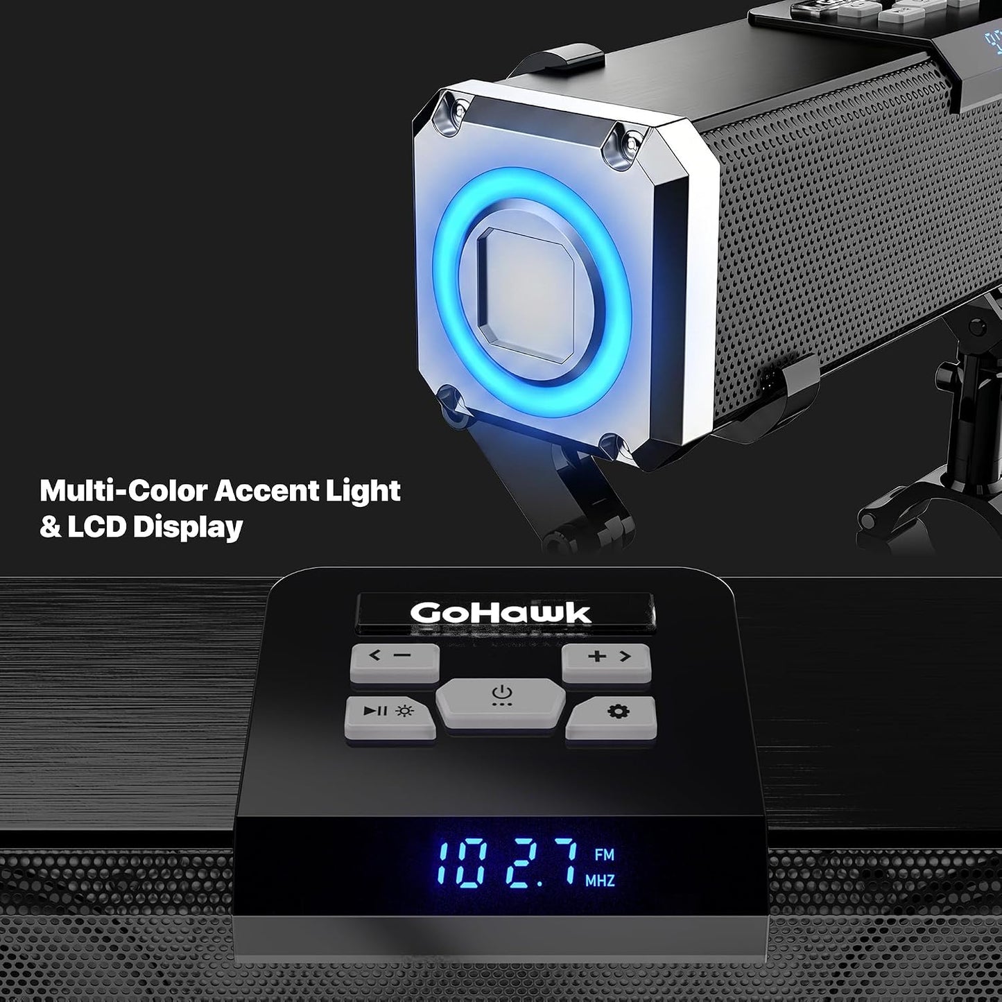 GoHawk Bluetooth Motorcycle Speakers Waterproof Radio Audio System | Built-in Amplifier, Aluminum Sound Bar, RGB Lights, FM Radio/USB, Great for Harley Motorcycle ATV