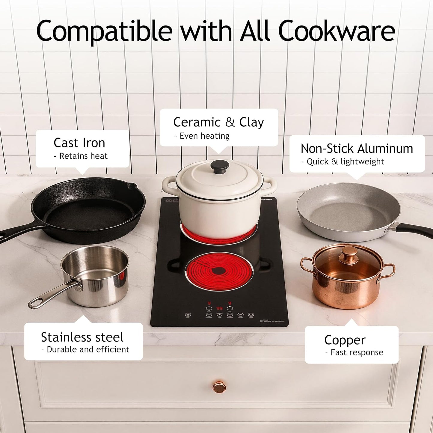FIREGAS 12 Inch Electric Cooktop 2 Burners,220V-240V Hardwired Built-in Electric Stove Top with Matte Black Glass,3000W Sensor Touch Control,9 Power Levels,Timer & Child Lock for Apartments,ADUs