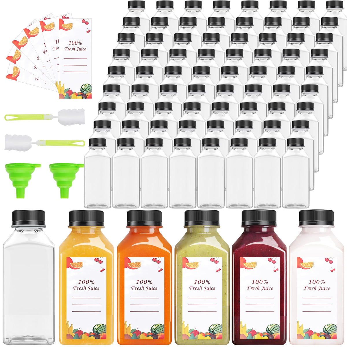 OBKJJ Plastic Juice Bottles 240 pcs 8 oz Empty Plastic Water Bottles with Caps Reusable Clear Beverage Containers for Drinking, Juicing, Smoothie, Water with 2 Brushes, 2 Funnels